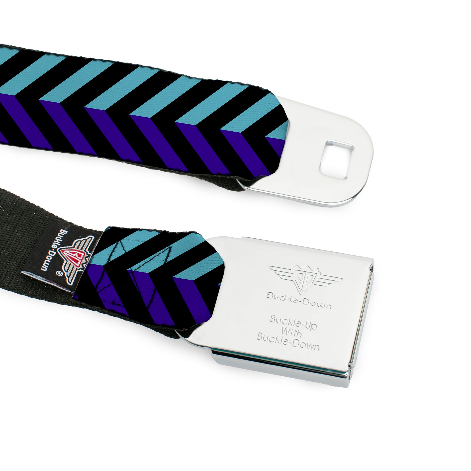 BD Wings Logo CLOSE-UP Full Color Black Silver Seatbelt Belt - Chevron3 Split Turquoise/Purple/Black Webbing Seatbelt Belts Buckle-Down