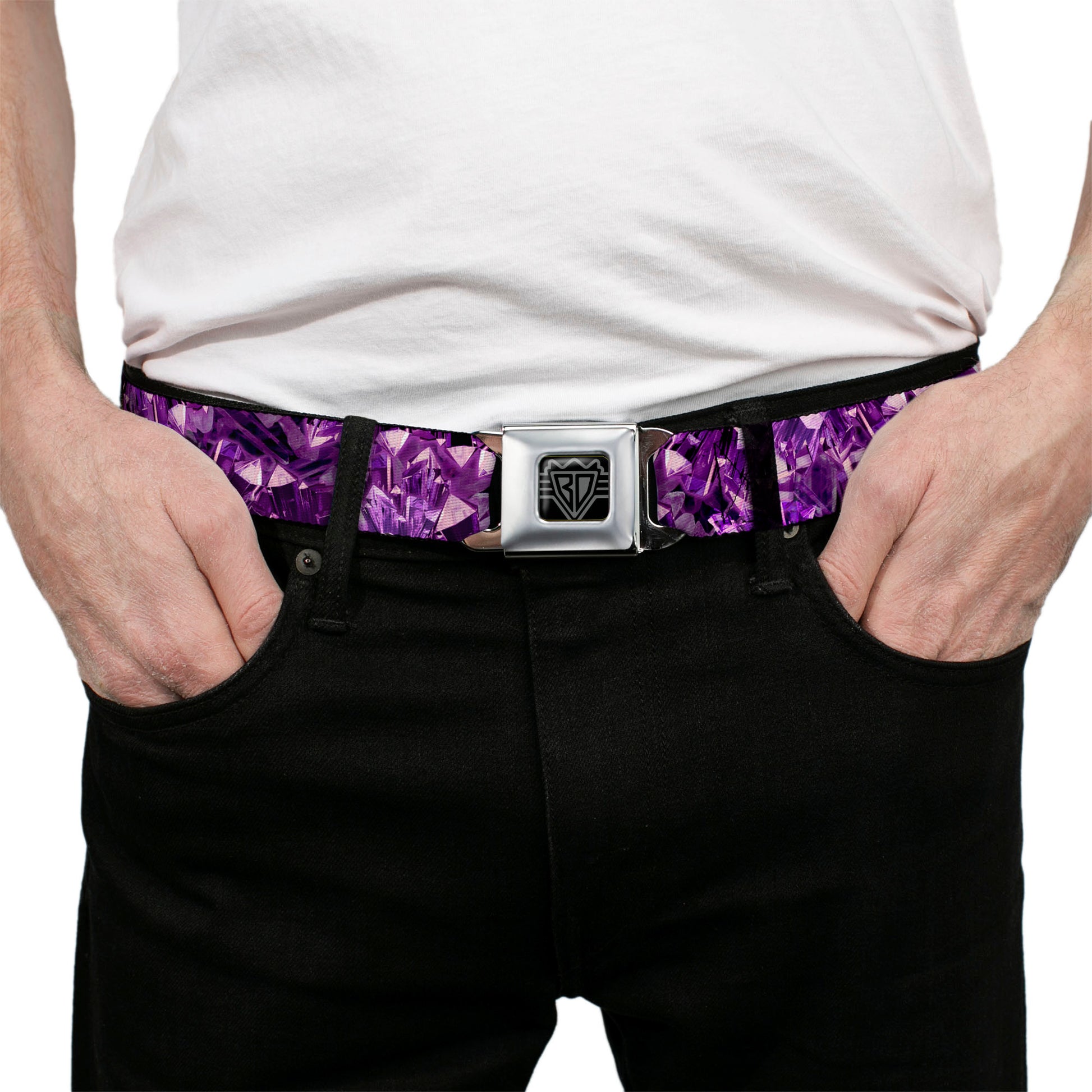 BD Wings Logo CLOSE-UP Full Color Black Silver Seatbelt Belt - Crystals Purples Webbing Seatbelt Belts Buckle-Down
