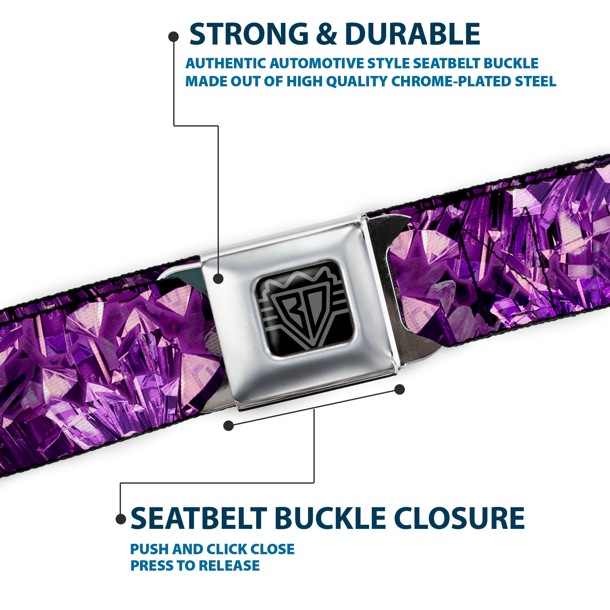 BD Wings Logo CLOSE-UP Full Color Black Silver Seatbelt Belt - Crystals Purples Webbing Seatbelt Belts Buckle-Down