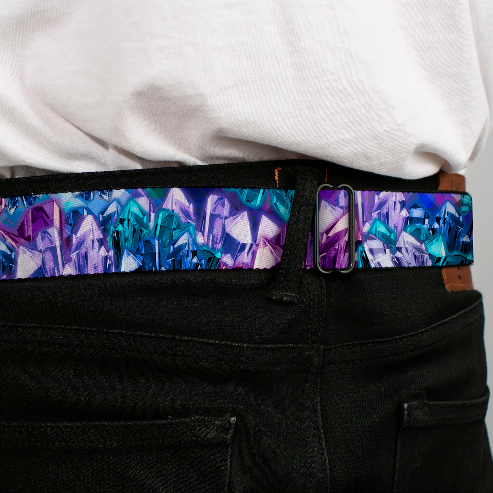 BD Wings Logo CLOSE-UP Full Color Black Silver Seatbelt Belt - Crystals2 Blues/Purples Webbing Seatbelt Belts Buckle-Down