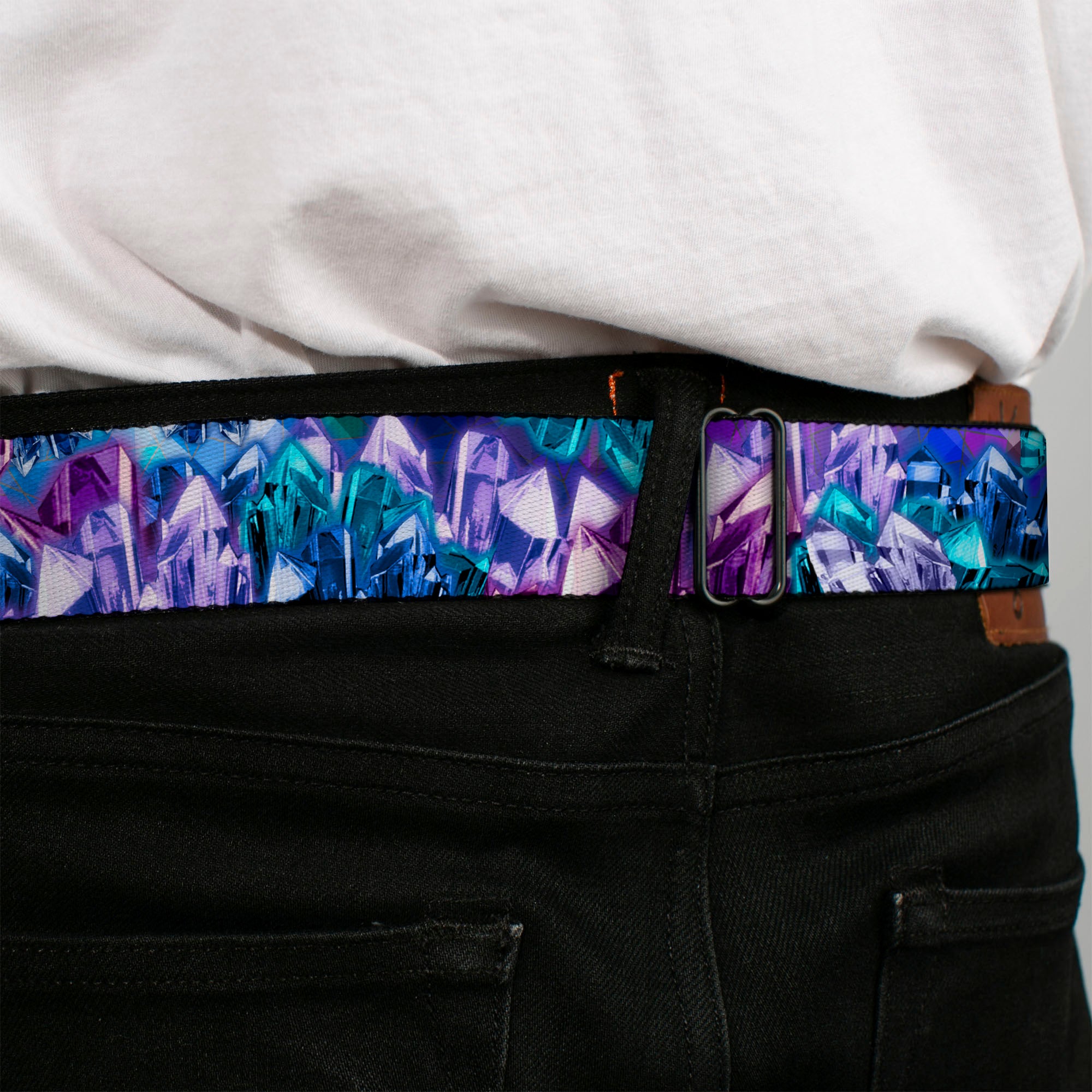 BD Wings Logo CLOSE-UP Full Color Black Silver Seatbelt Belt - Crystals2 Blues/Purples Webbing Seatbelt Belts Buckle-Down