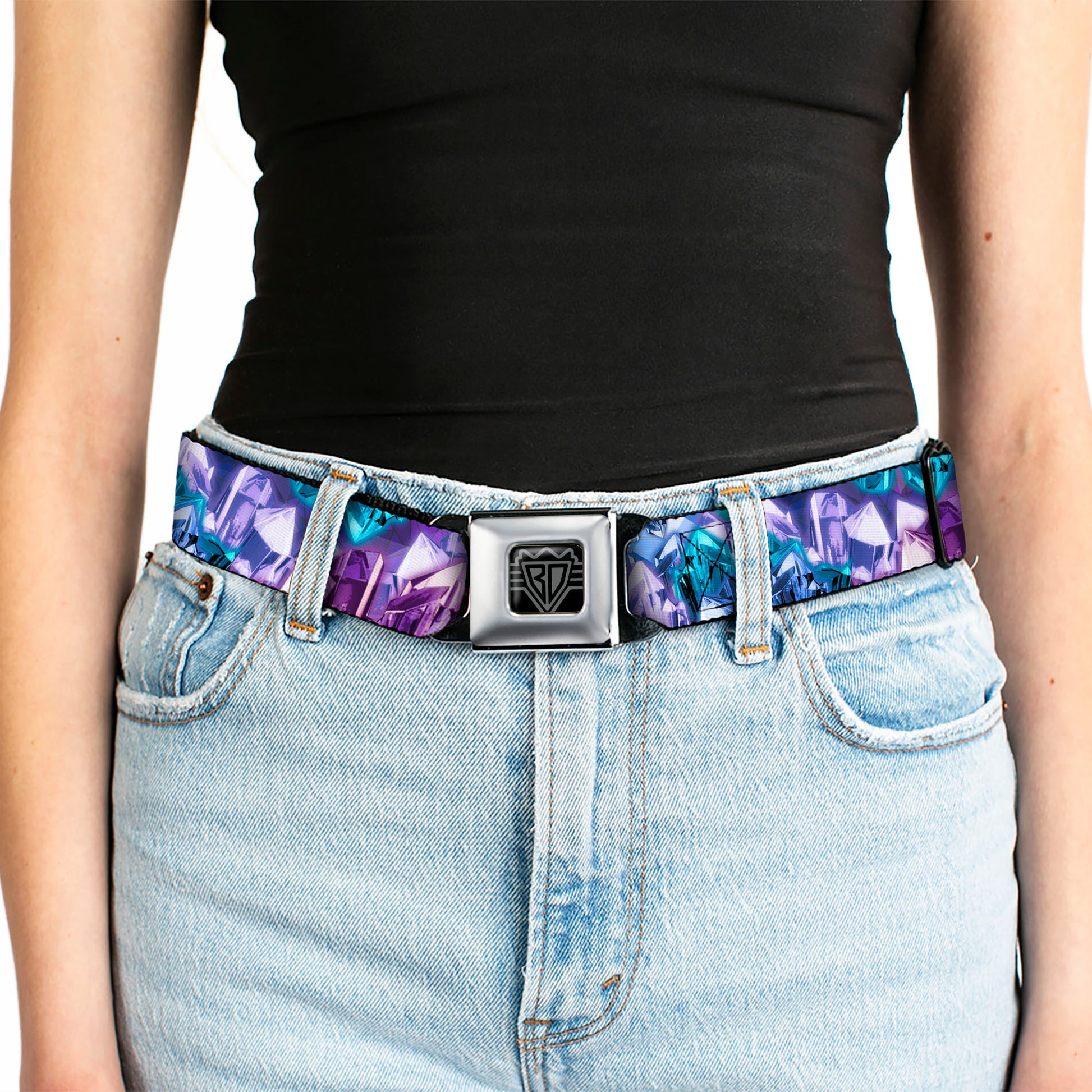 BD Wings Logo CLOSE-UP Full Color Black Silver Seatbelt Belt - Crystals2 Blues/Purples Webbing Seatbelt Belts Buckle-Down