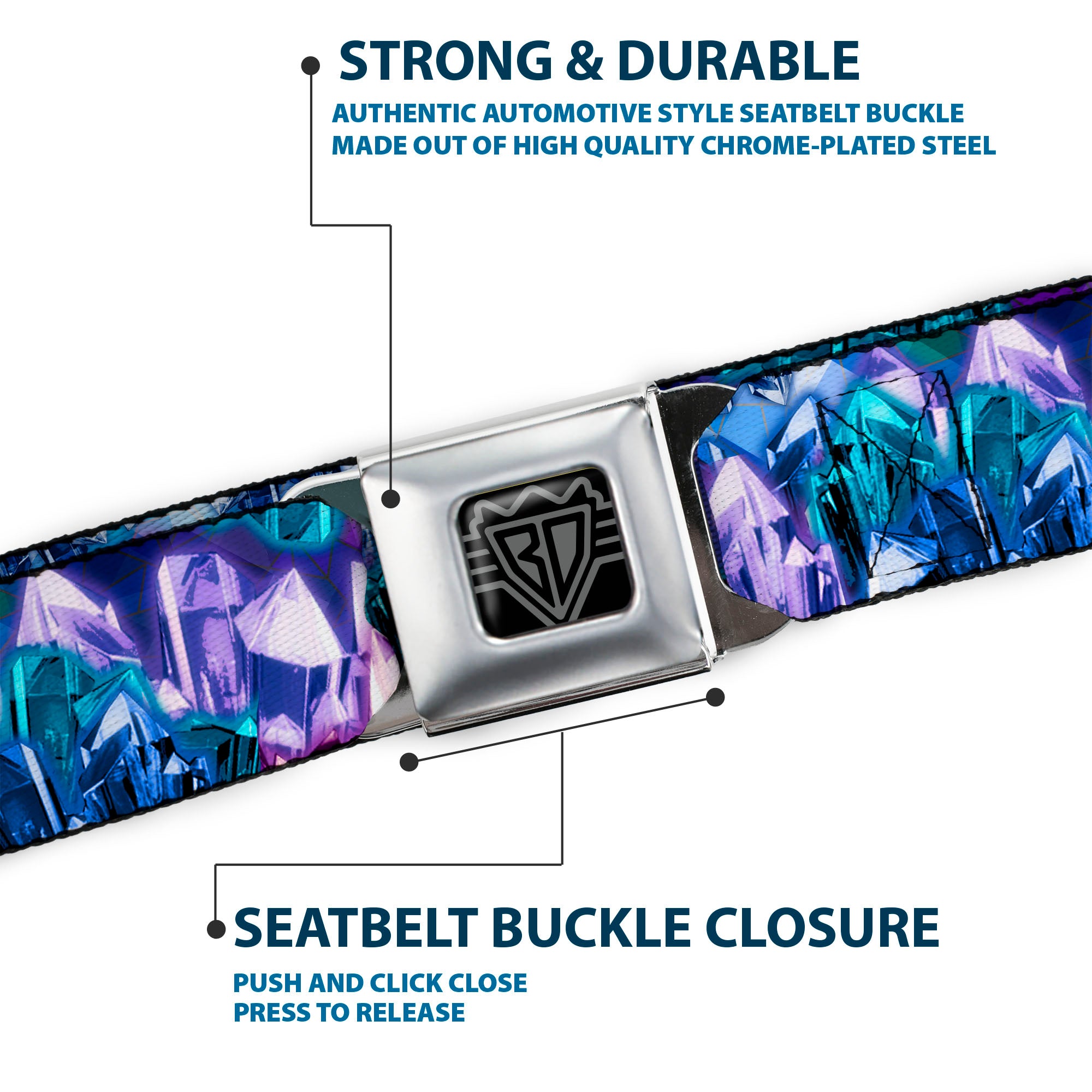 BD Wings Logo CLOSE-UP Full Color Black Silver Seatbelt Belt - Crystals2 Blues/Purples Webbing Seatbelt Belts Buckle-Down