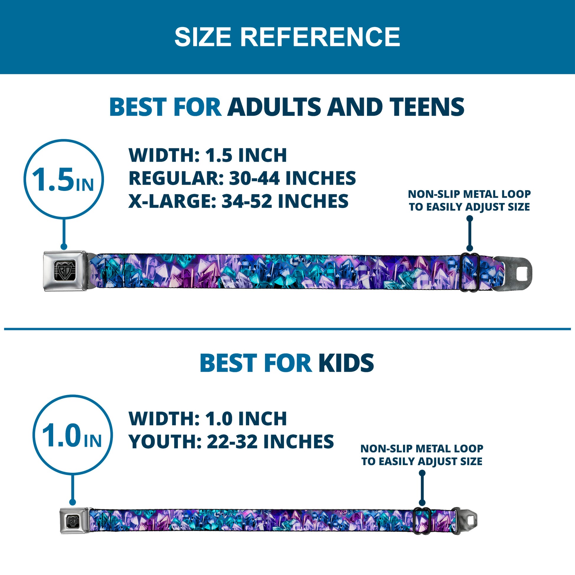 BD Wings Logo CLOSE-UP Full Color Black Silver Seatbelt Belt - Crystals2 Blues/Purples Webbing Seatbelt Belts Buckle-Down