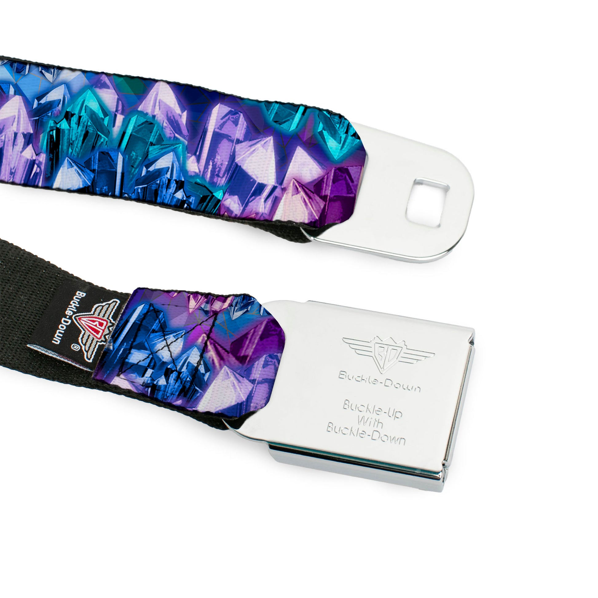 BD Wings Logo CLOSE-UP Full Color Black Silver Seatbelt Belt - Crystals2 Blues/Purples Webbing Seatbelt Belts Buckle-Down
