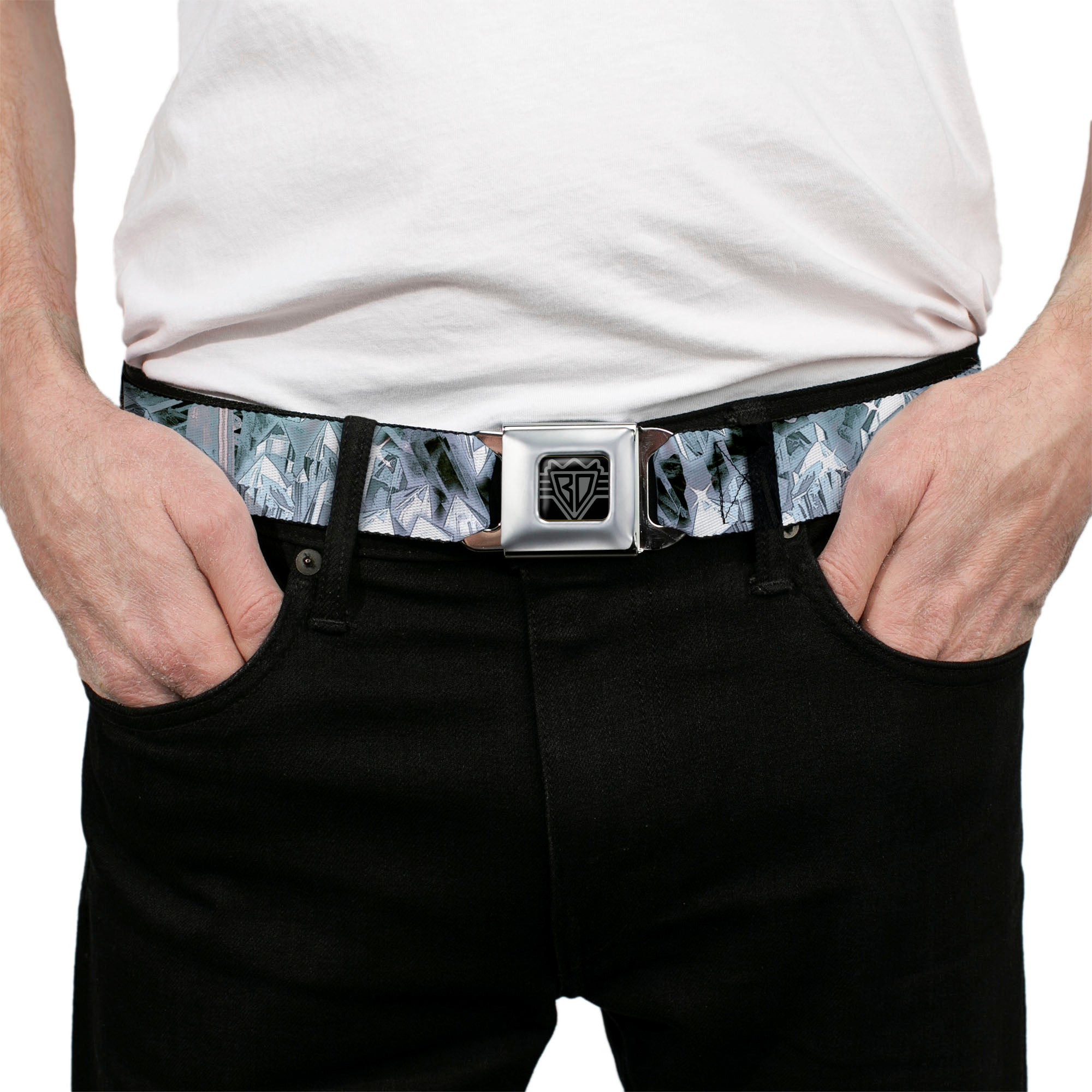 BD Wings Logo CLOSE-UP Full Color Black Silver Seatbelt Belt - Crystals3 Clear Webbing Seatbelt Belts Buckle-Down