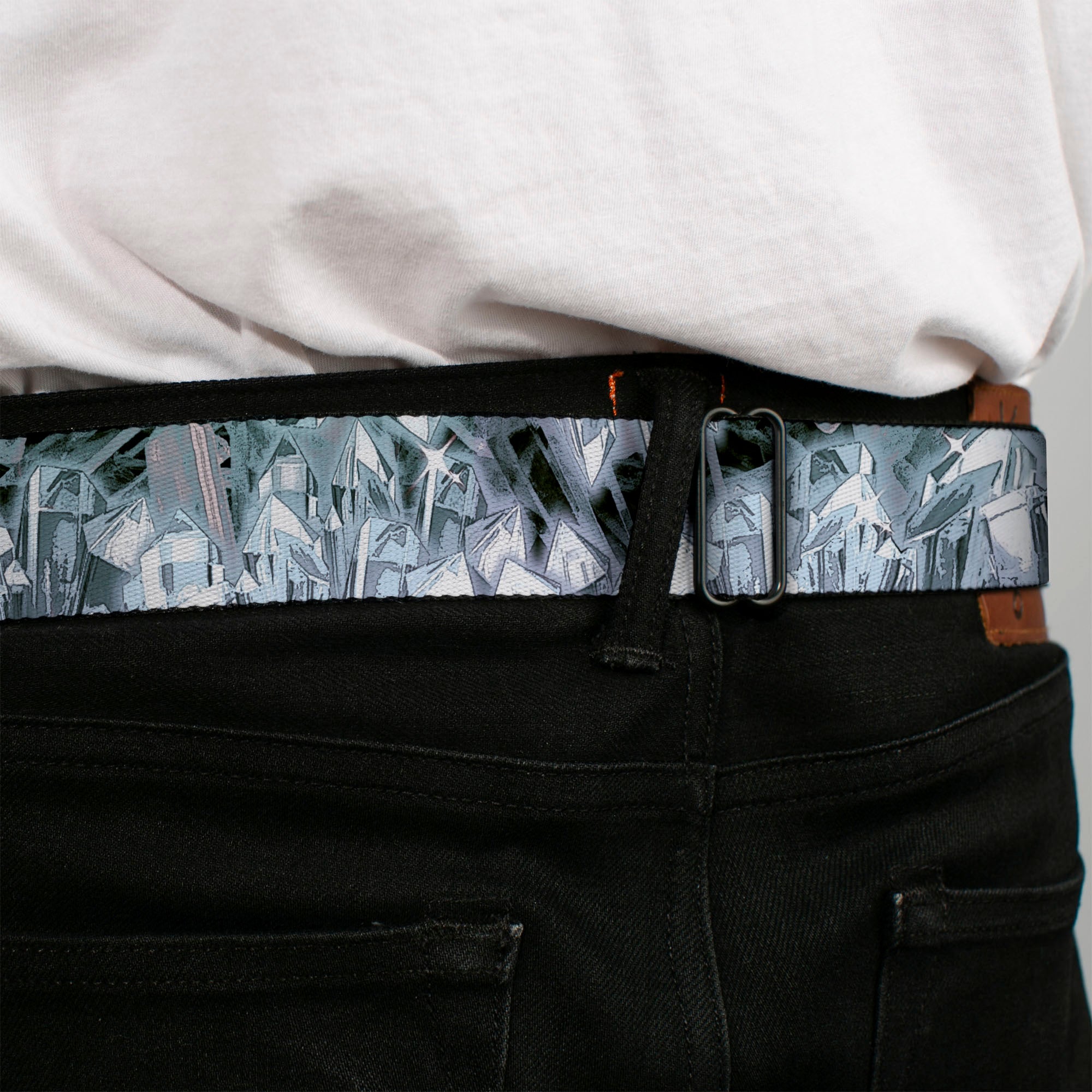 BD Wings Logo CLOSE-UP Full Color Black Silver Seatbelt Belt - Crystals3 Clear Webbing Seatbelt Belts Buckle-Down