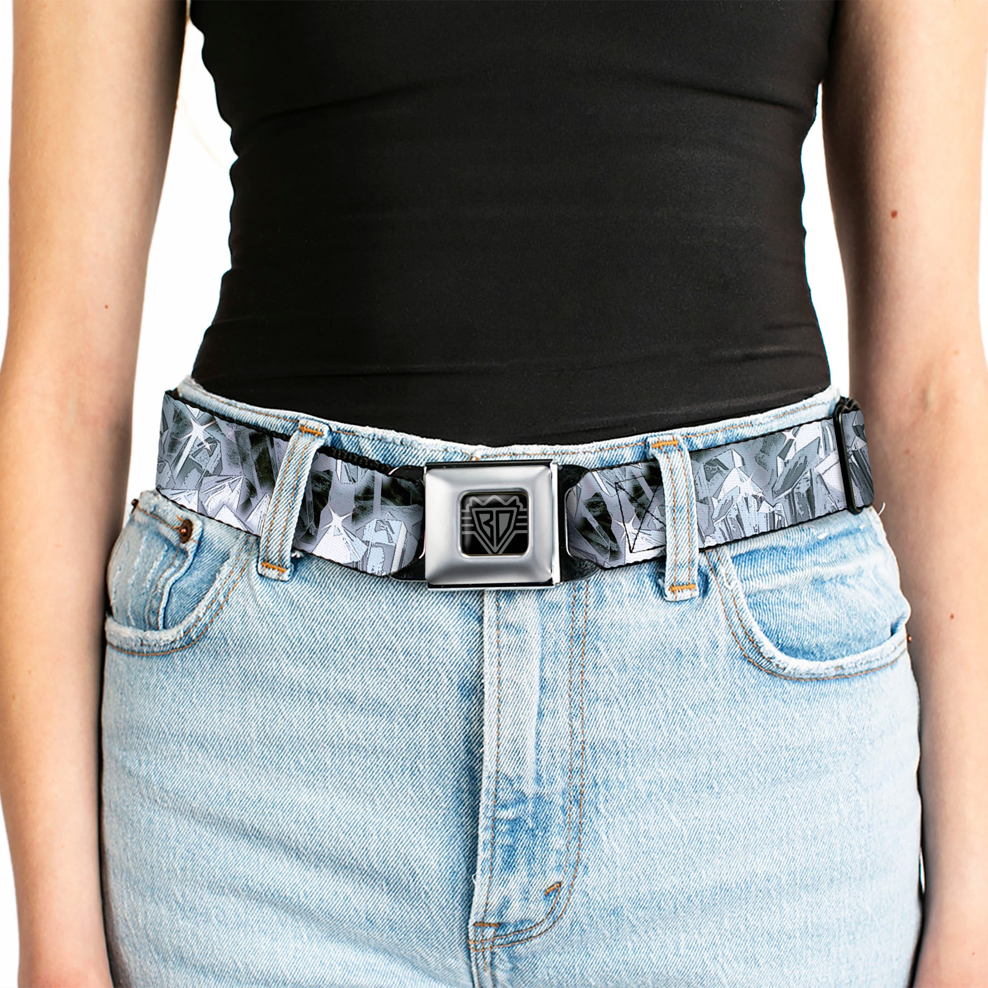 BD Wings Logo CLOSE-UP Full Color Black Silver Seatbelt Belt - Crystals3 Clear Webbing Seatbelt Belts Buckle-Down