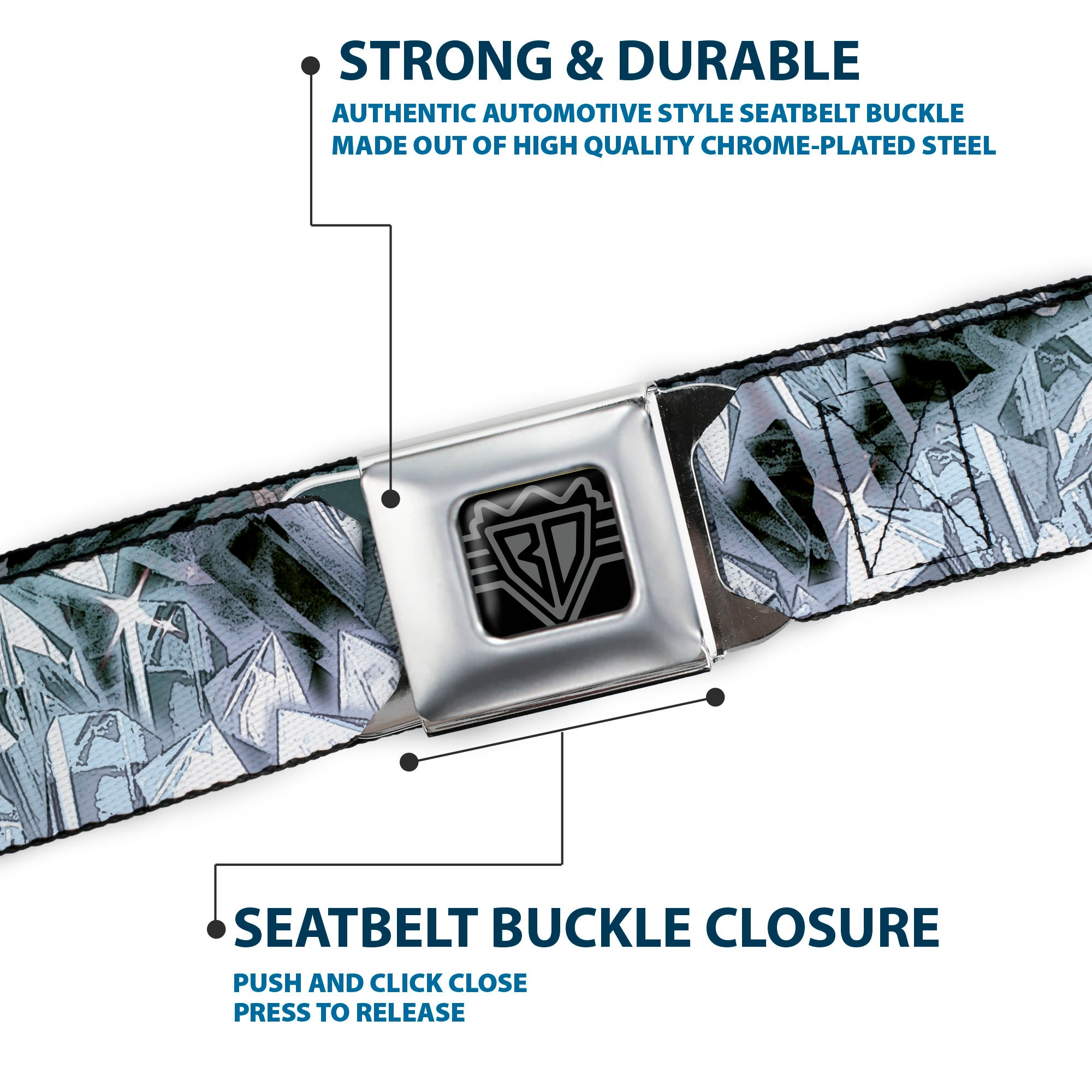 BD Wings Logo CLOSE-UP Full Color Black Silver Seatbelt Belt - Crystals3 Clear Webbing Seatbelt Belts Buckle-Down