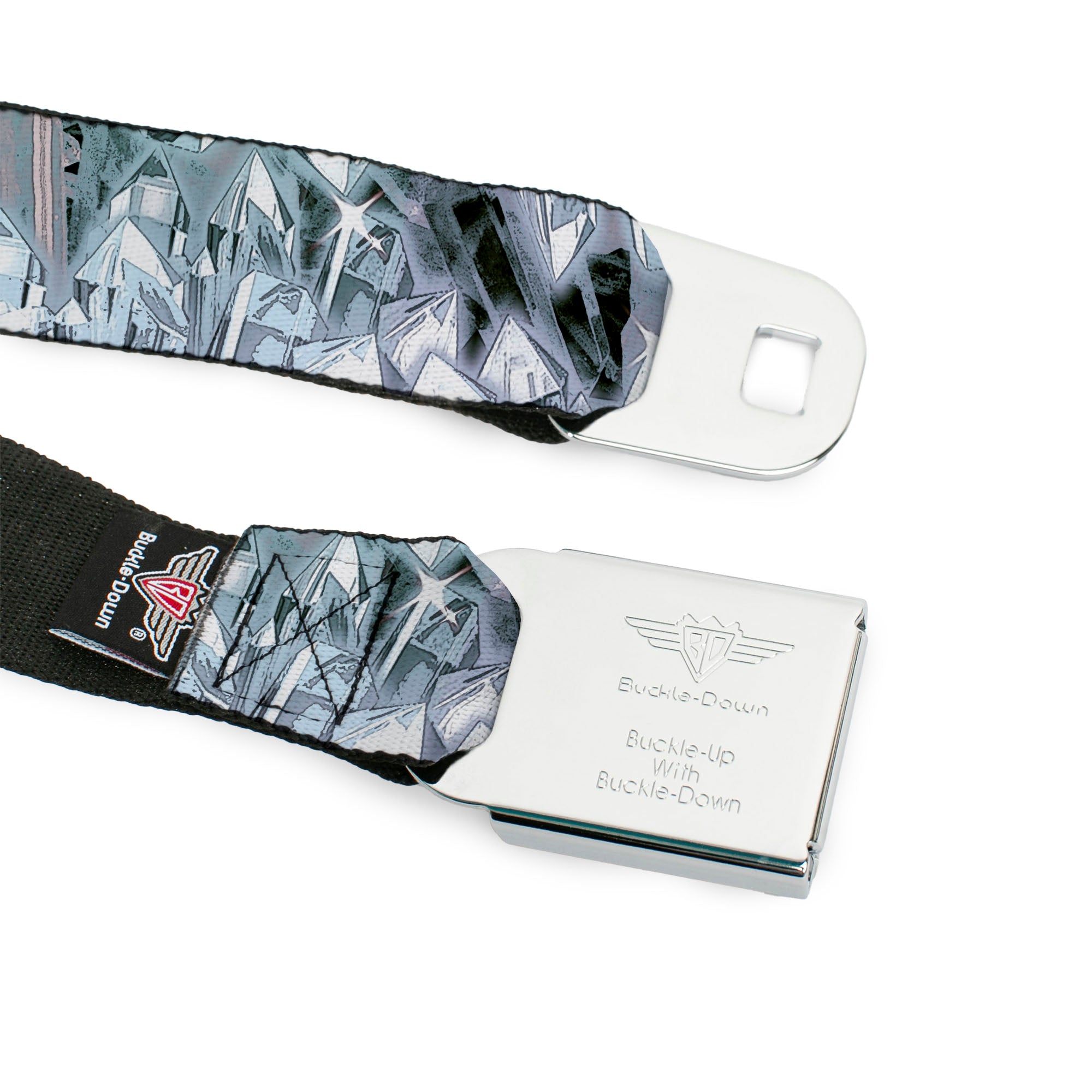 BD Wings Logo CLOSE-UP Full Color Black Silver Seatbelt Belt - Crystals3 Clear Webbing Seatbelt Belts Buckle-Down