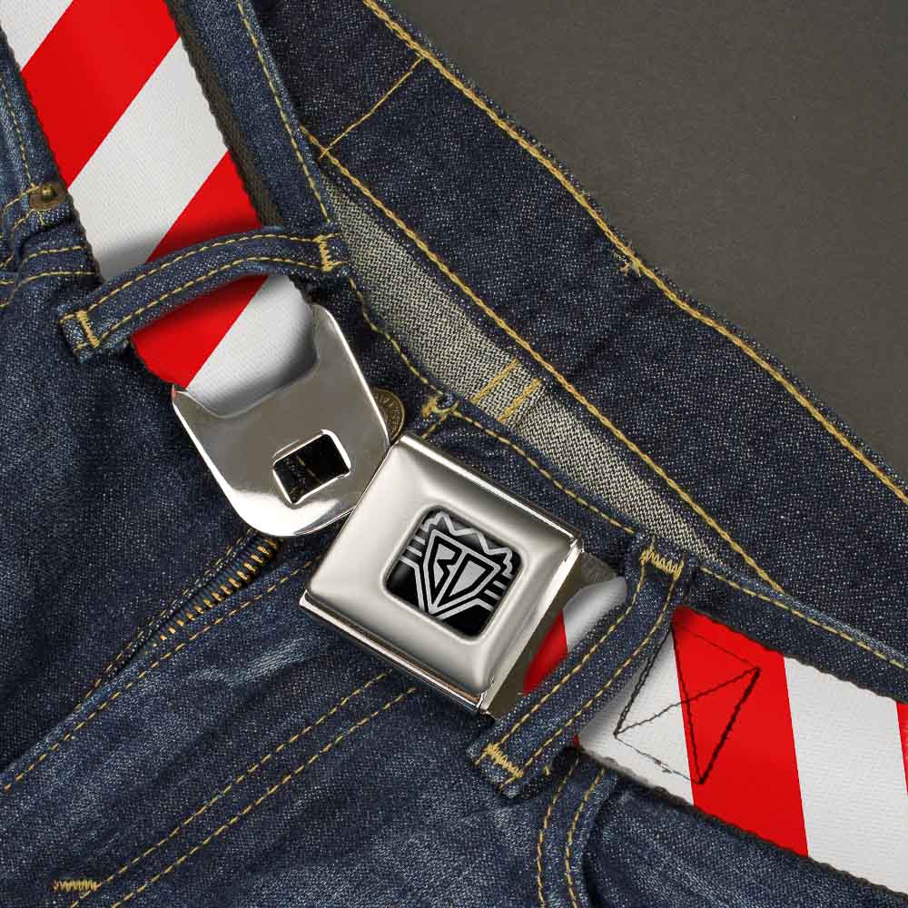 BD Wings Logo CLOSE-UP Full Color Black Silver Seatbelt Belt - Candy Cane2 Stripe White/Red Webbing Seatbelt Belts Buckle-Down