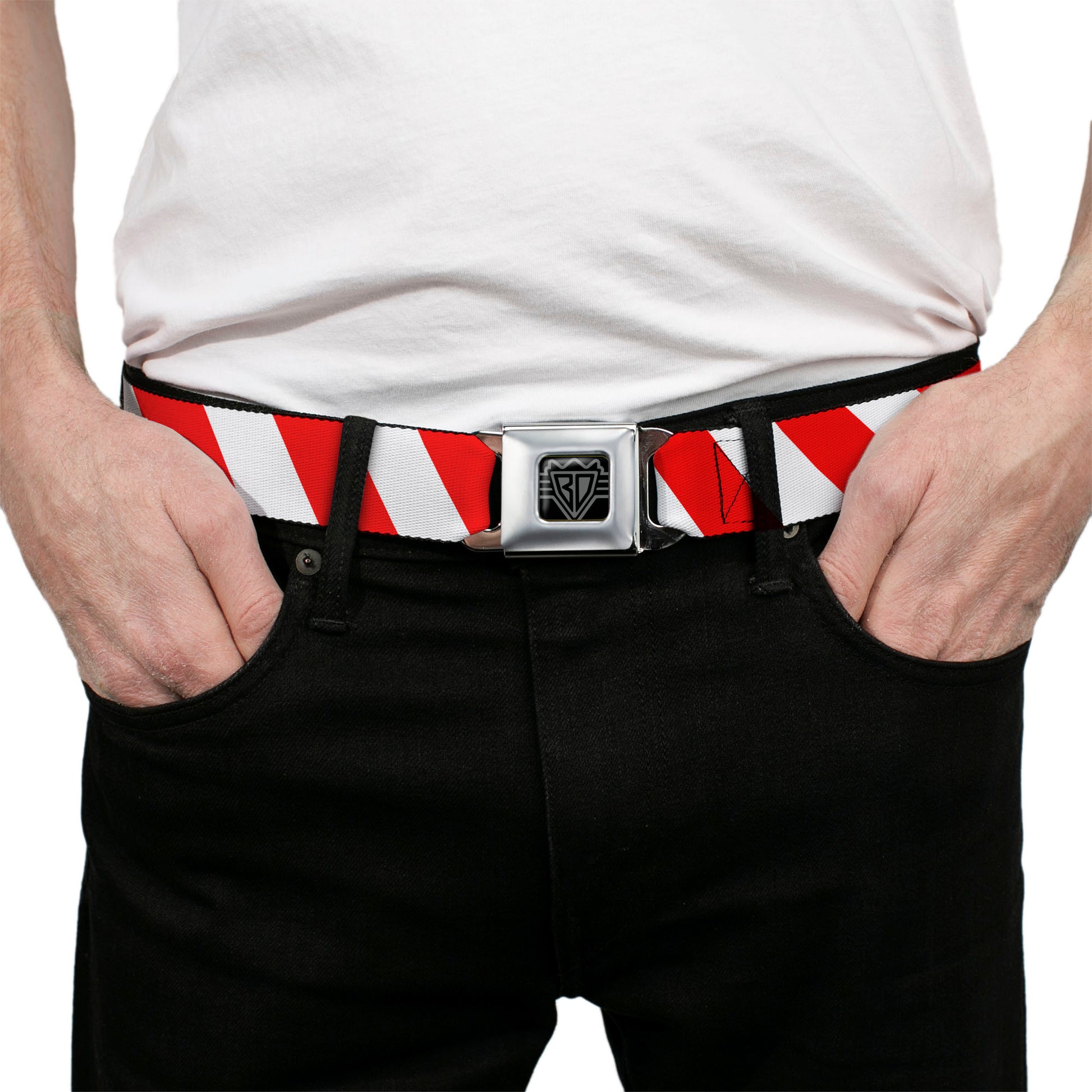 BD Wings Logo CLOSE-UP Full Color Black Silver Seatbelt Belt - Candy Cane2 Stripe White/Red Webbing Seatbelt Belts Buckle-Down