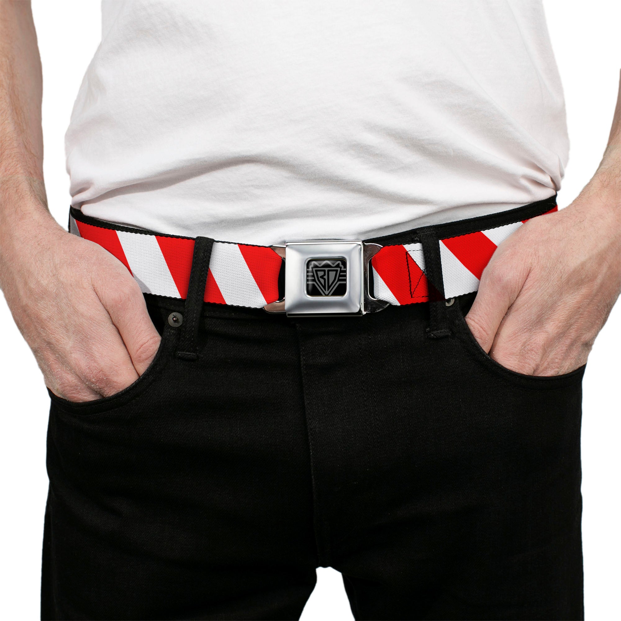 BD Wings Logo CLOSE-UP Full Color Black Silver Seatbelt Belt - Candy Cane2 Stripe White/Red Webbing Seatbelt Belts Buckle-Down