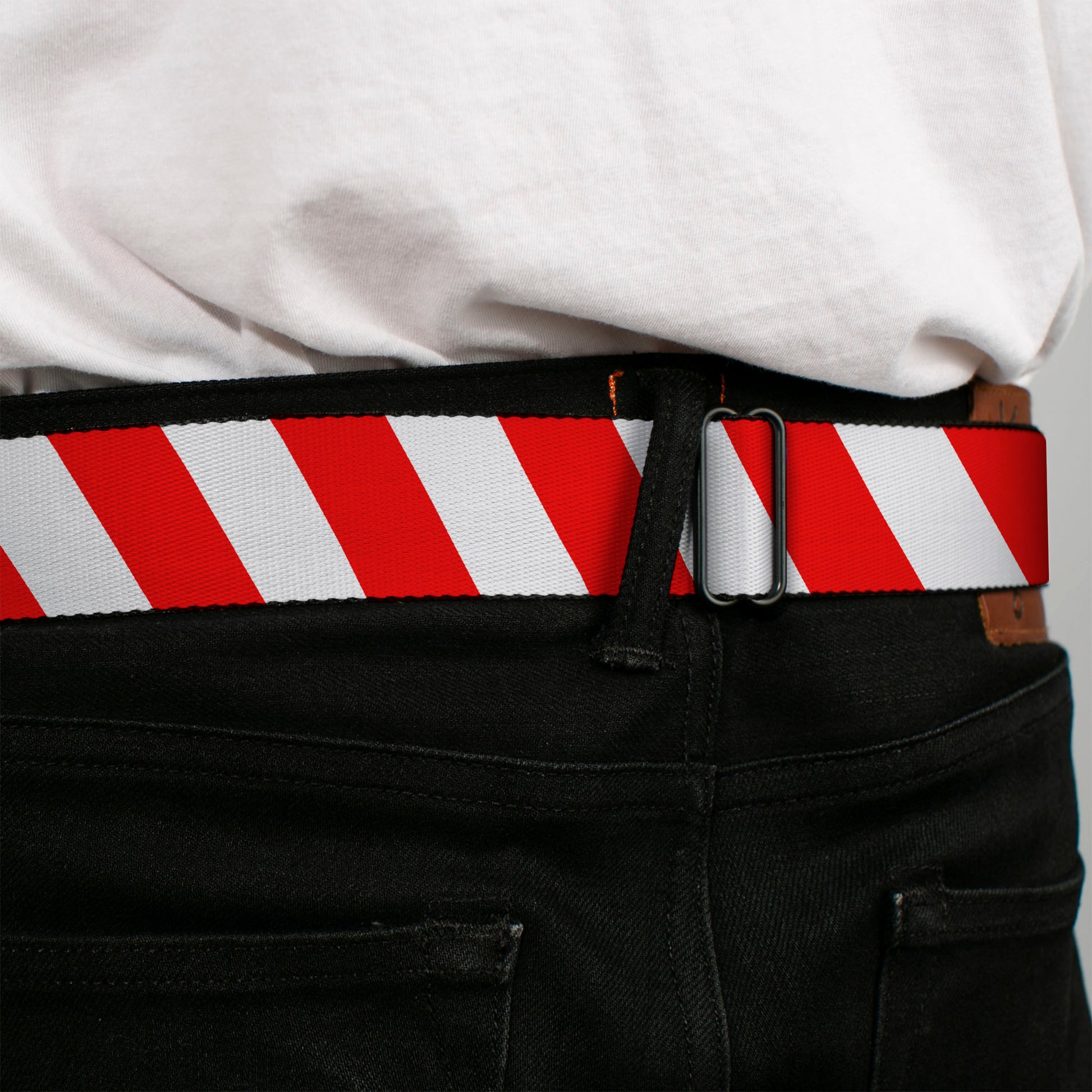 BD Wings Logo CLOSE-UP Full Color Black Silver Seatbelt Belt - Candy Cane2 Stripe White/Red Webbing Seatbelt Belts Buckle-Down