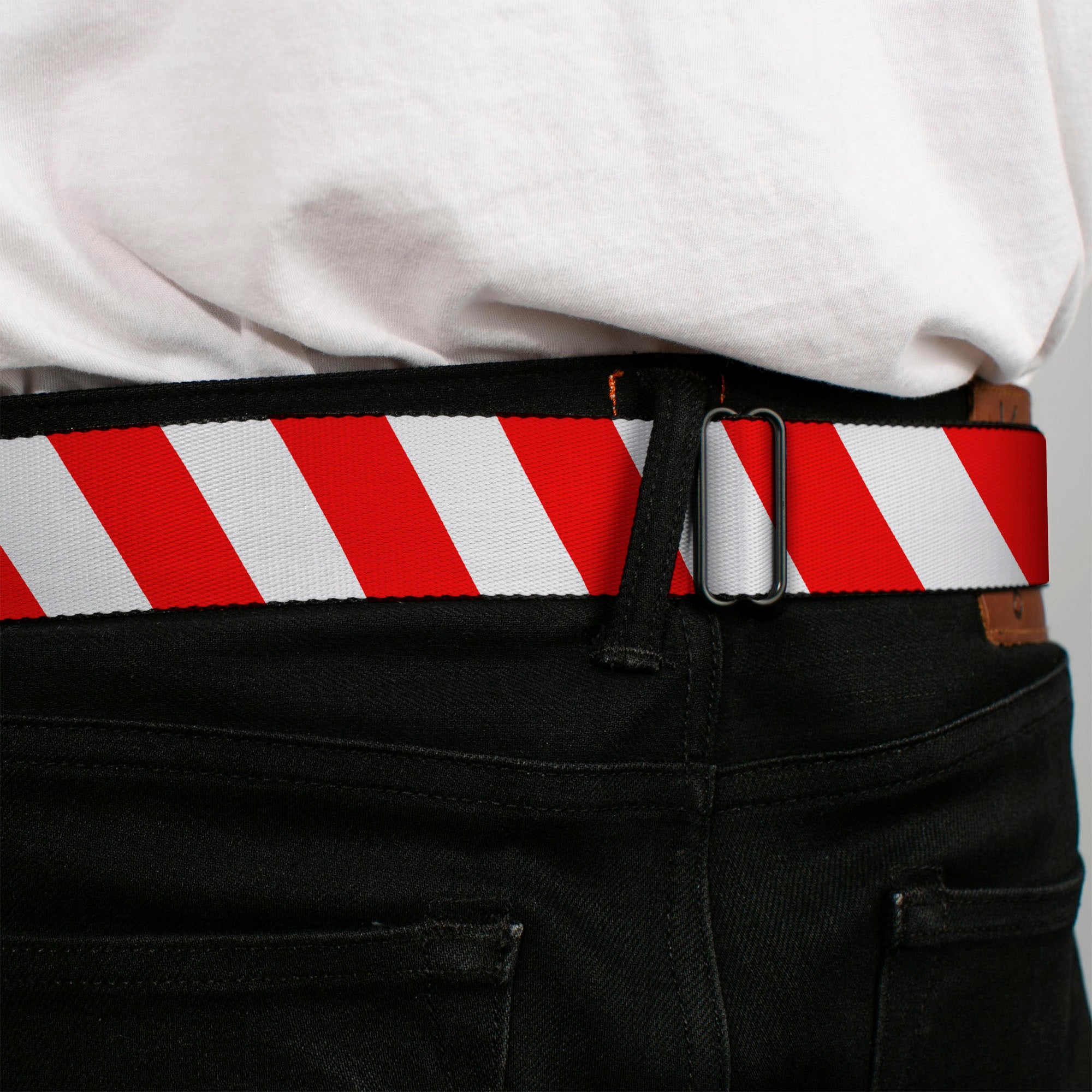BD Wings Logo CLOSE-UP Full Color Black Silver Seatbelt Belt - Candy Cane2 Stripe White/Red Webbing Seatbelt Belts Buckle-Down