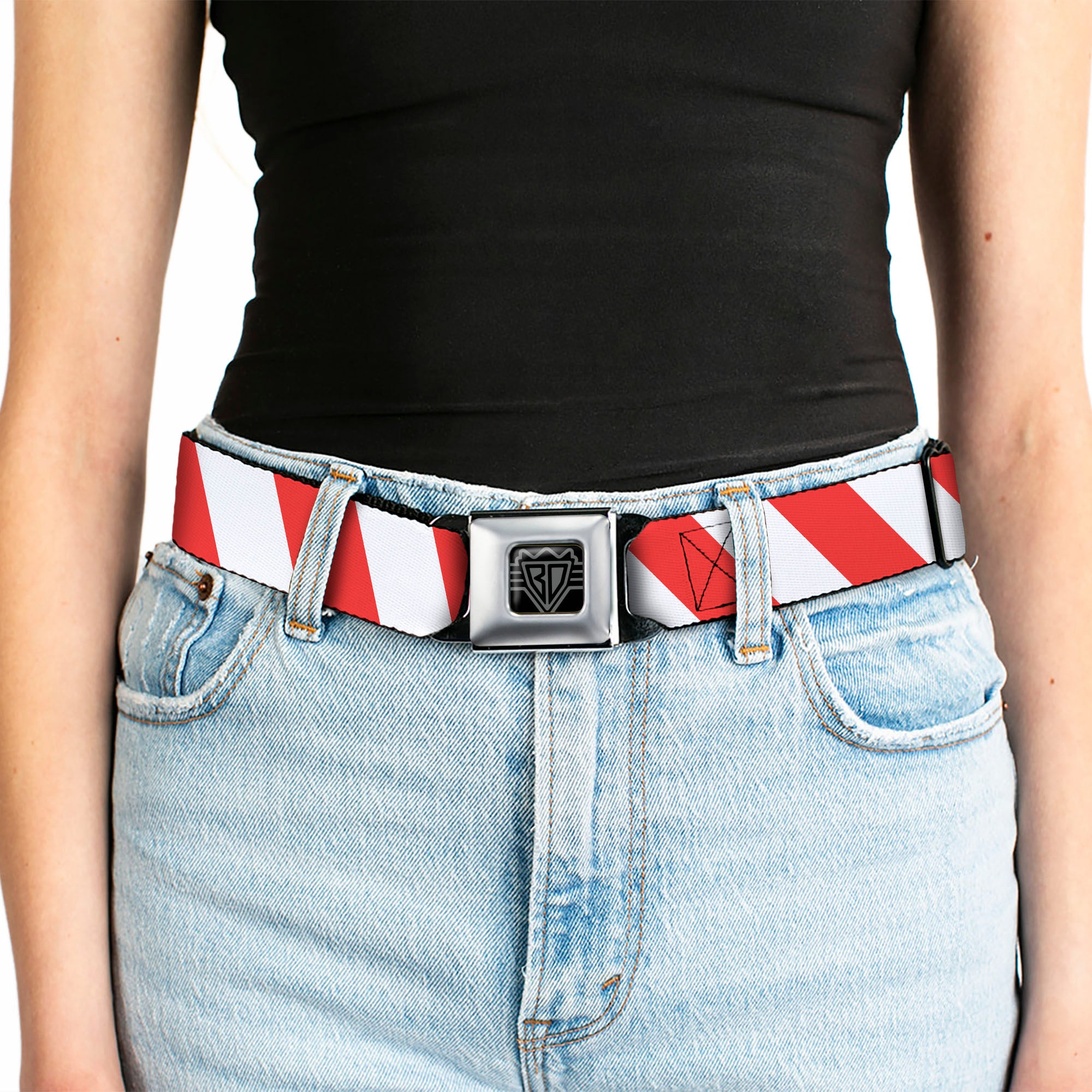 BD Wings Logo CLOSE-UP Full Color Black Silver Seatbelt Belt - Candy Cane2 Stripe White/Red Webbing Seatbelt Belts Buckle-Down