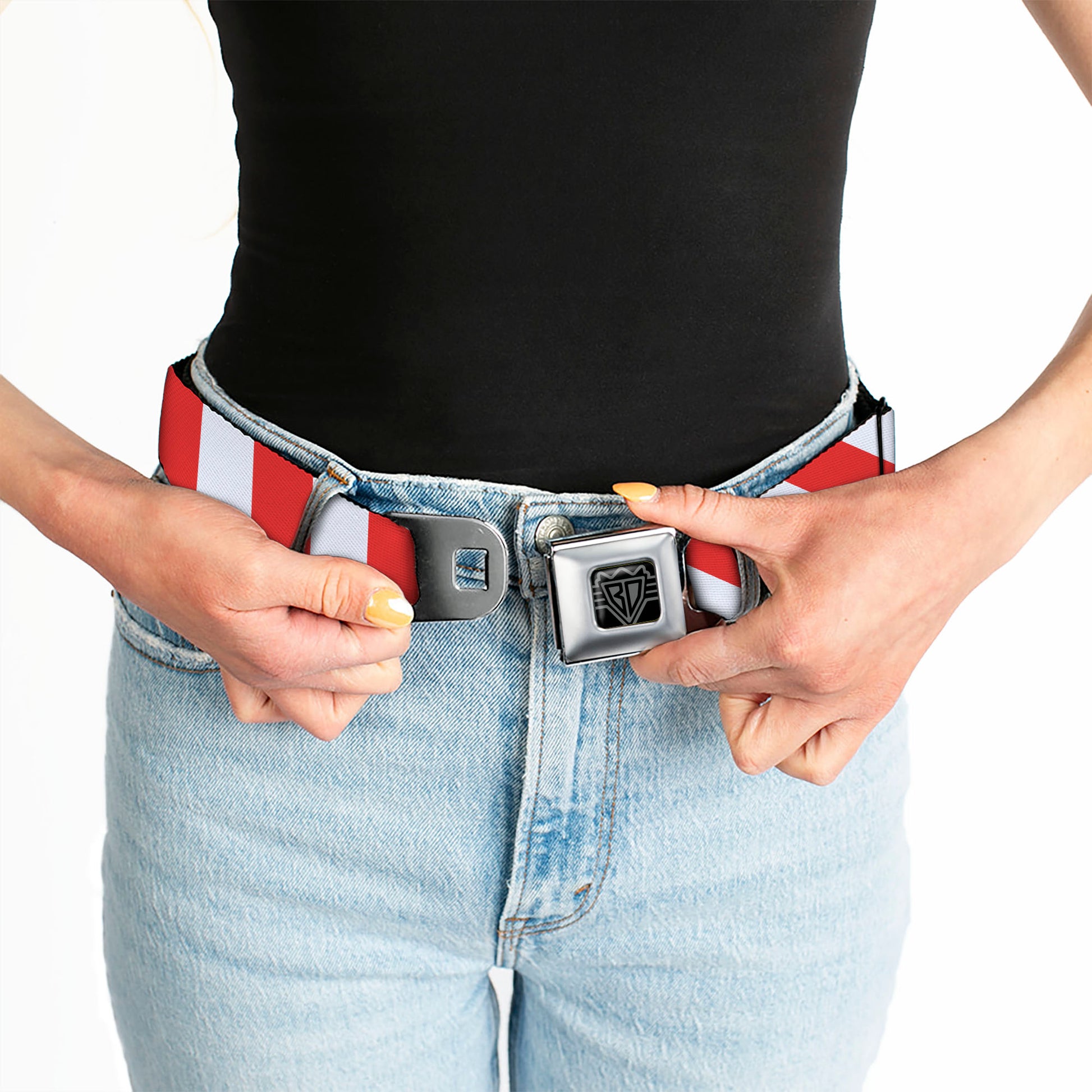 BD Wings Logo CLOSE-UP Full Color Black Silver Seatbelt Belt - Candy Cane2 Stripe White/Red Webbing Seatbelt Belts Buckle-Down