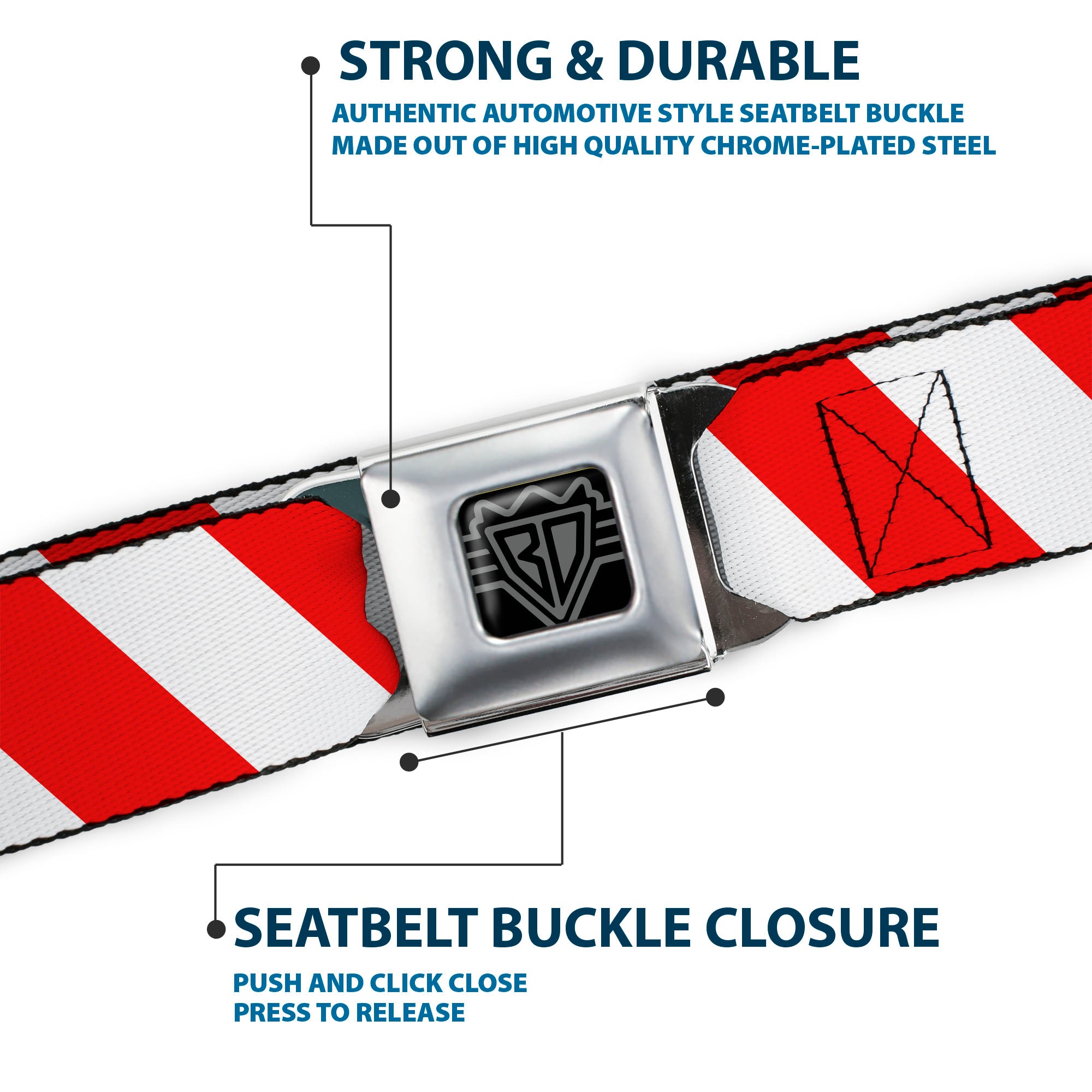 BD Wings Logo CLOSE-UP Full Color Black Silver Seatbelt Belt - Candy Cane2 Stripe White/Red Webbing Seatbelt Belts Buckle-Down