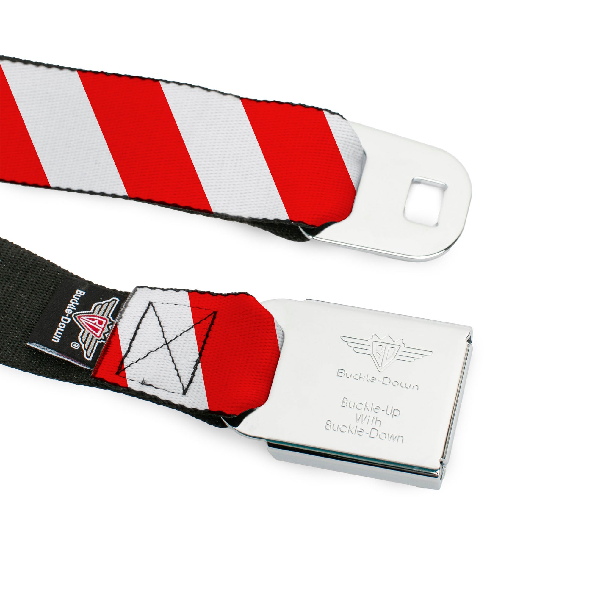 BD Wings Logo CLOSE-UP Full Color Black Silver Seatbelt Belt - Candy Cane2 Stripe White/Red Webbing Seatbelt Belts Buckle-Down