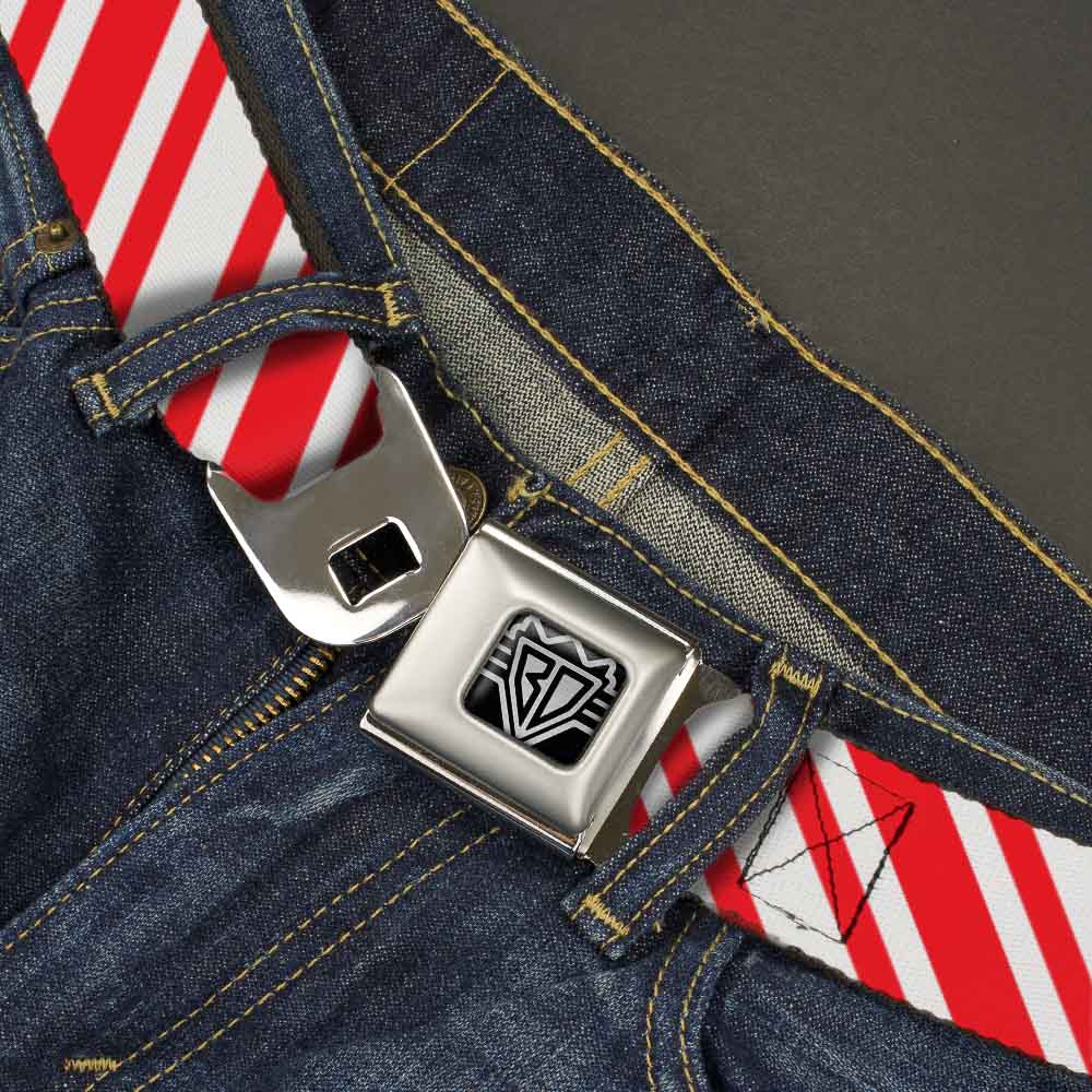 BD Wings Logo CLOSE-UP Full Color Black Silver Seatbelt Belt - Candy Cane3 Stripe White/3-Red Webbing Seatbelt Belts Buckle-Down