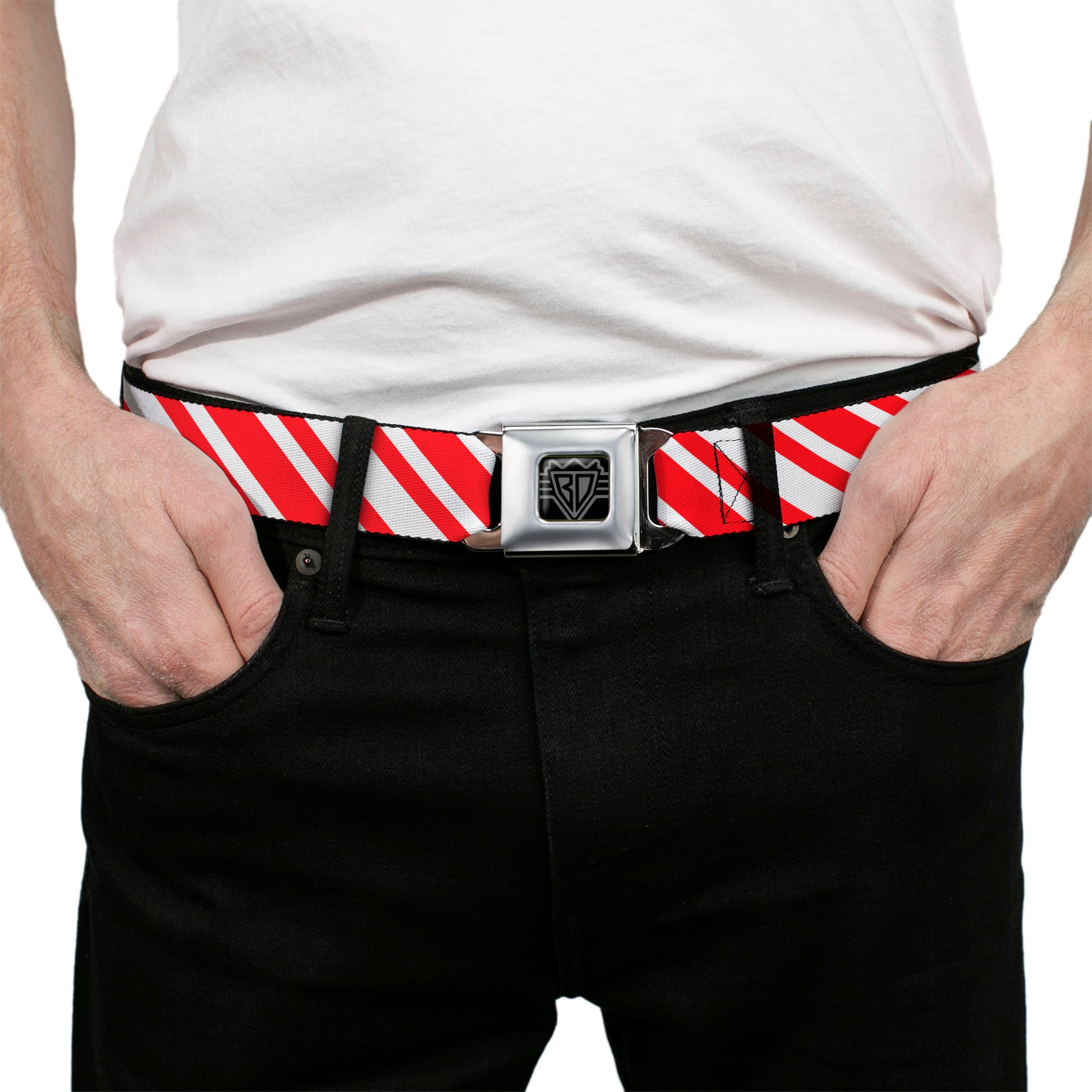 BD Wings Logo CLOSE-UP Full Color Black Silver Seatbelt Belt - Candy Cane3 Stripe White/3-Red Webbing Seatbelt Belts Buckle-Down