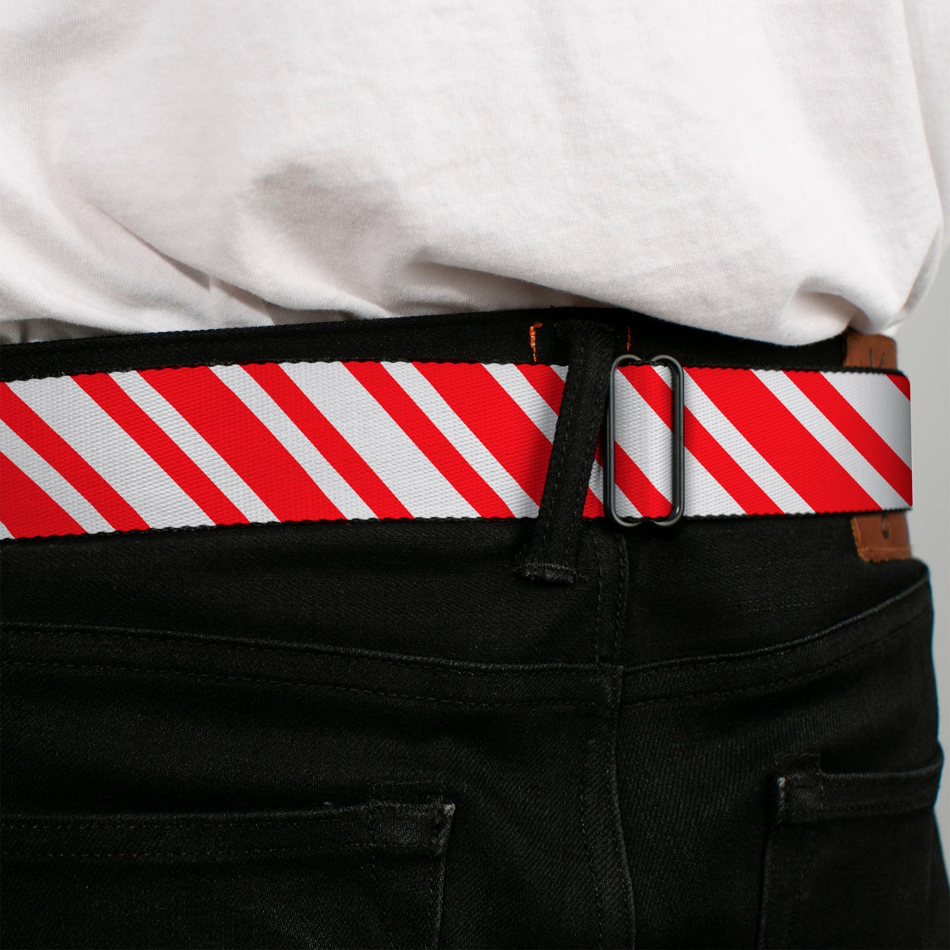 BD Wings Logo CLOSE-UP Full Color Black Silver Seatbelt Belt - Candy Cane3 Stripe White/3-Red Webbing Seatbelt Belts Buckle-Down