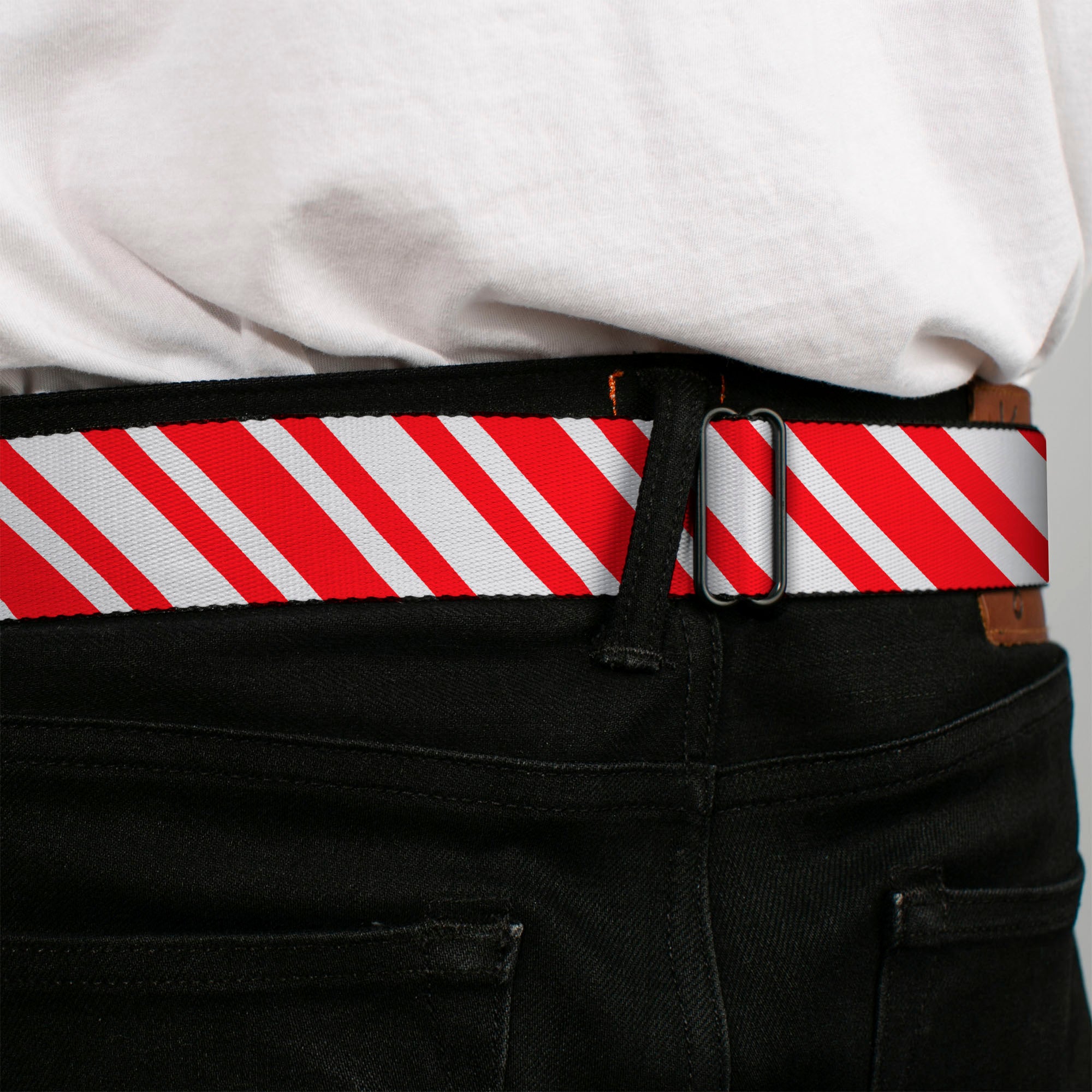 BD Wings Logo CLOSE-UP Full Color Black Silver Seatbelt Belt - Candy Cane3 Stripe White/3-Red Webbing Seatbelt Belts Buckle-Down