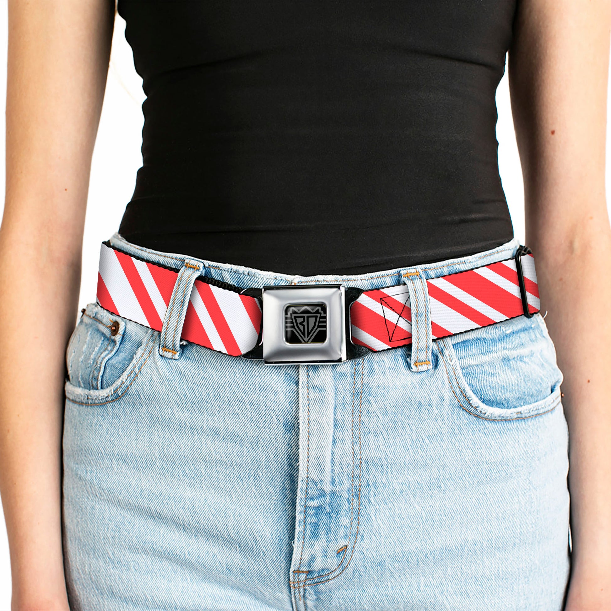 BD Wings Logo CLOSE-UP Full Color Black Silver Seatbelt Belt - Candy Cane3 Stripe White/3-Red Webbing Seatbelt Belts Buckle-Down