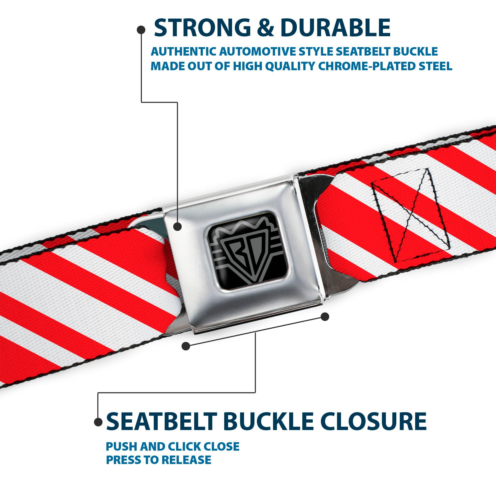 BD Wings Logo CLOSE-UP Full Color Black Silver Seatbelt Belt - Candy Cane3 Stripe White/3-Red Webbing Seatbelt Belts Buckle-Down