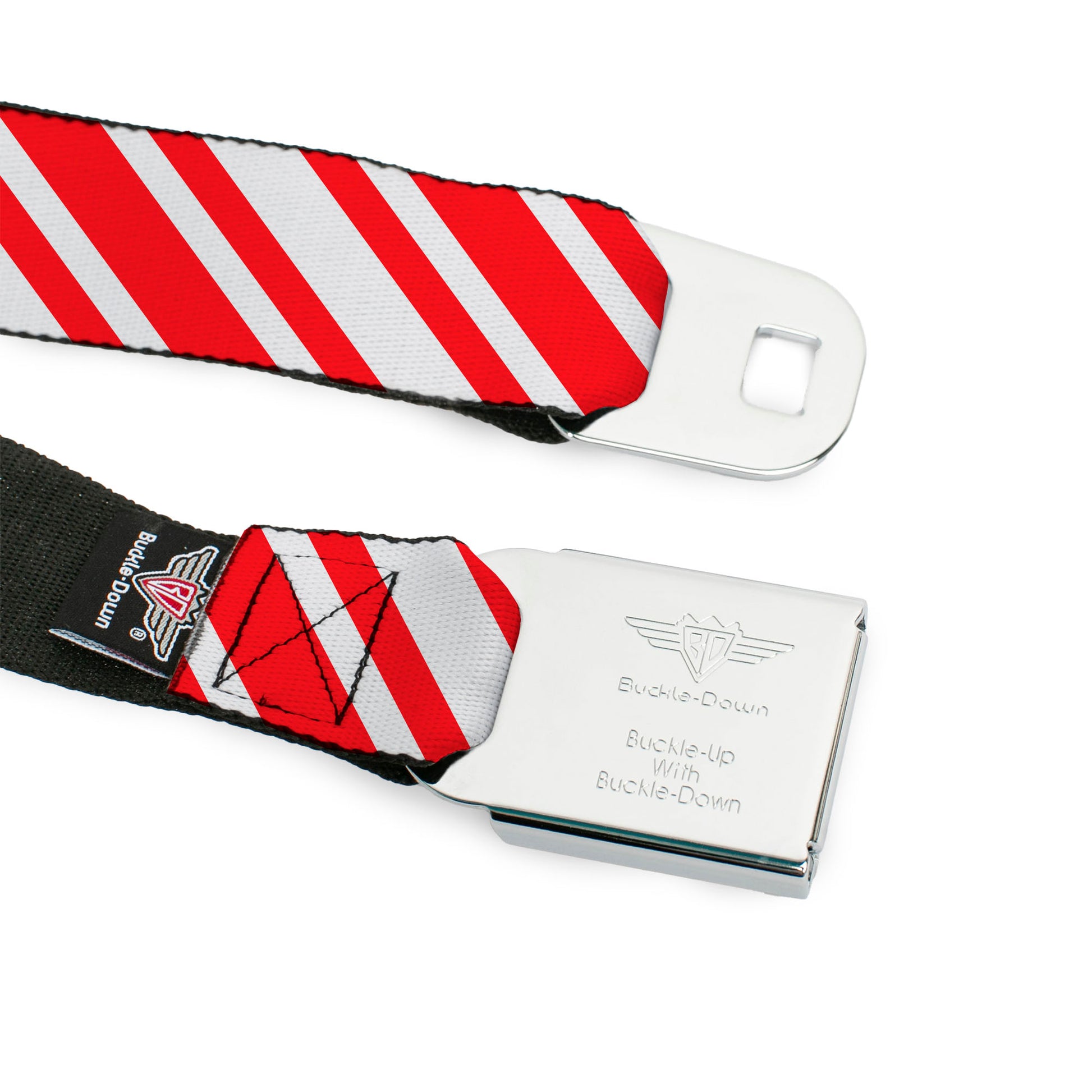 BD Wings Logo CLOSE-UP Full Color Black Silver Seatbelt Belt - Candy Cane3 Stripe White/3-Red Webbing Seatbelt Belts Buckle-Down