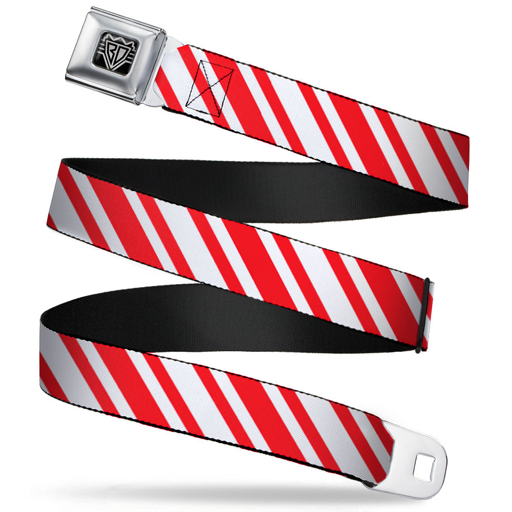 BD Wings Logo CLOSE-UP Full Color Black Silver Seatbelt Belt - Candy Cane3 Stripe White/3-Red Webbing Seatbelt Belts Buckle-Down