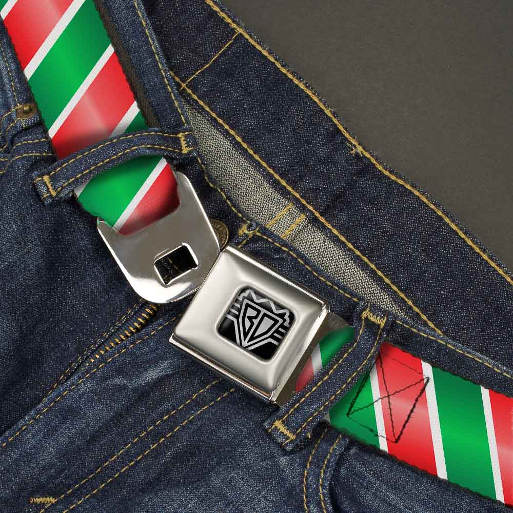 BD Wings Logo CLOSE-UP Full Color Black Silver Seatbelt Belt - Candy Cane4 White/Red/Green Webbing Seatbelt Belts Buckle-Down