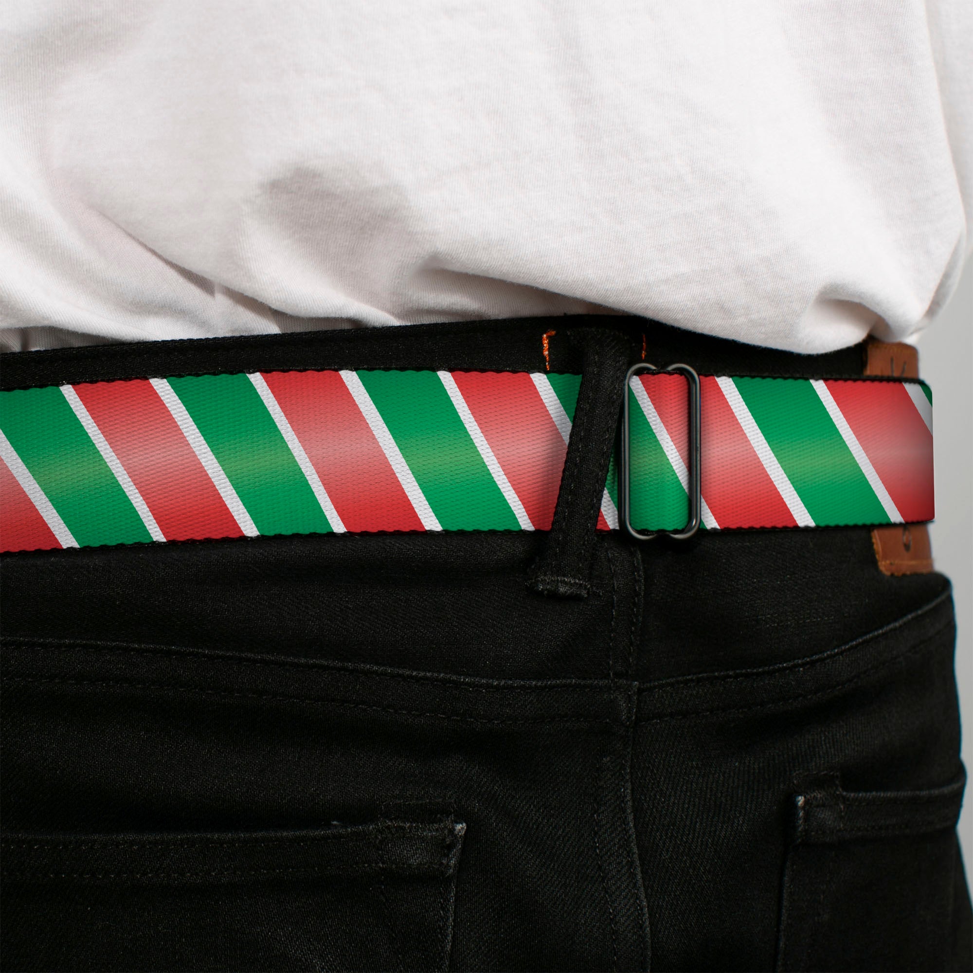BD Wings Logo CLOSE-UP Full Color Black Silver Seatbelt Belt - Candy Cane4 White/Red/Green Webbing Seatbelt Belts Buckle-Down