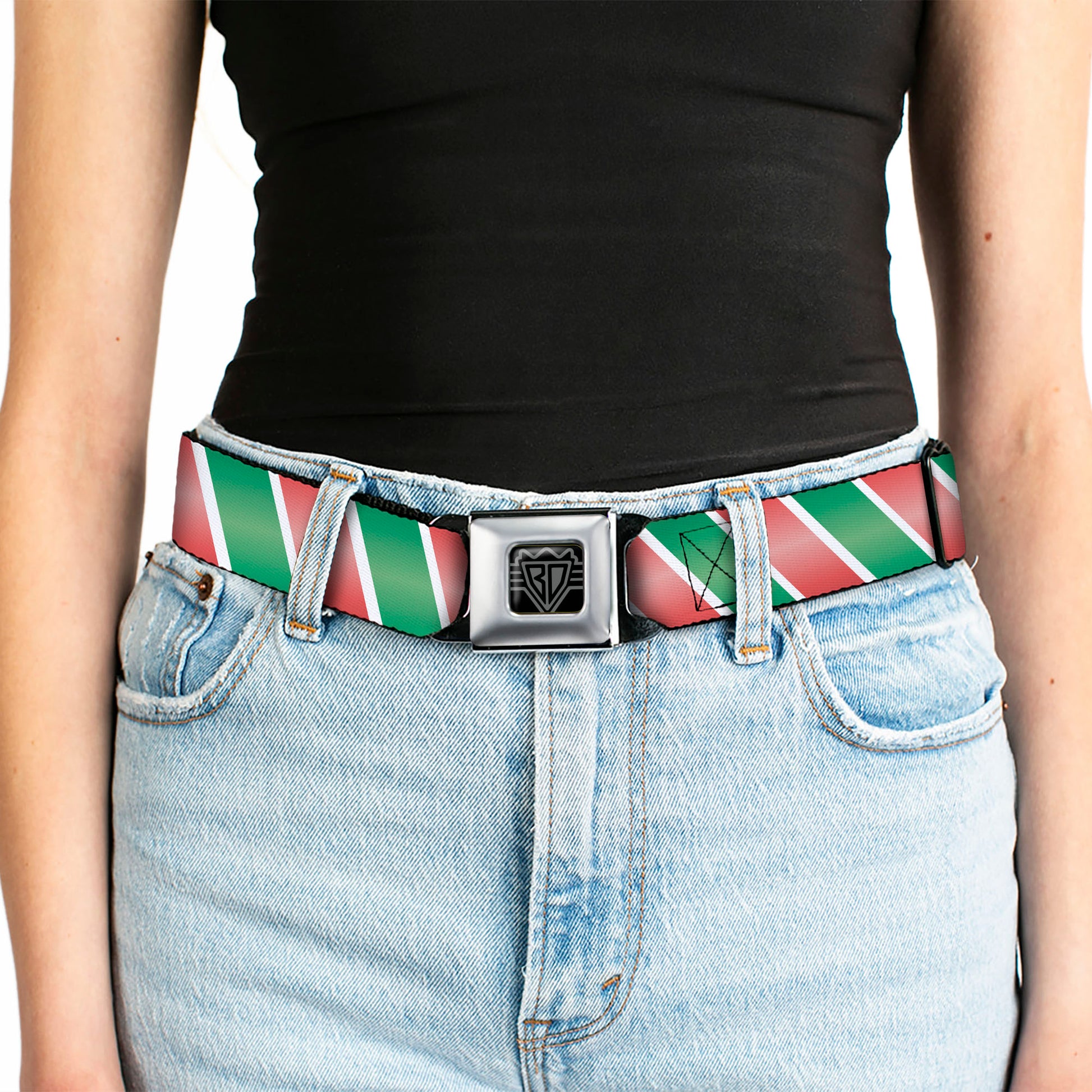 BD Wings Logo CLOSE-UP Full Color Black Silver Seatbelt Belt - Candy Cane4 White/Red/Green Webbing Seatbelt Belts Buckle-Down