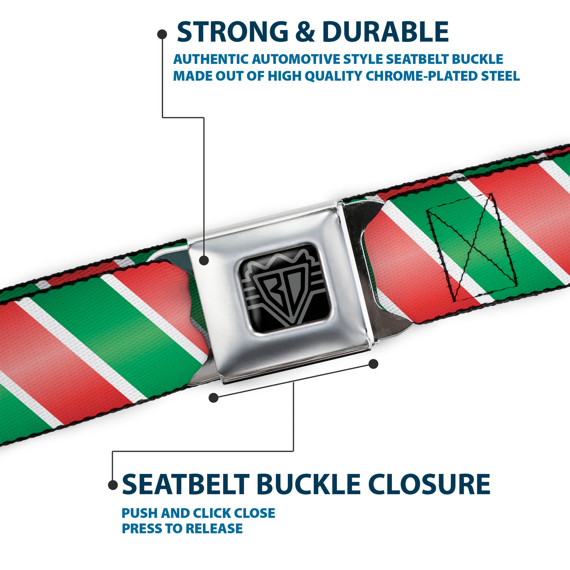 BD Wings Logo CLOSE-UP Full Color Black Silver Seatbelt Belt - Candy Cane4 White/Red/Green Webbing Seatbelt Belts Buckle-Down