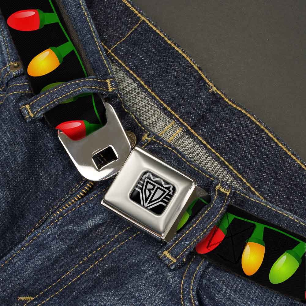 BD Wings Logo CLOSE-UP Full Color Black Silver Seatbelt Belt - Christmas Lights Black/Multi Color Webbing Seatbelt Belts Buckle-Down