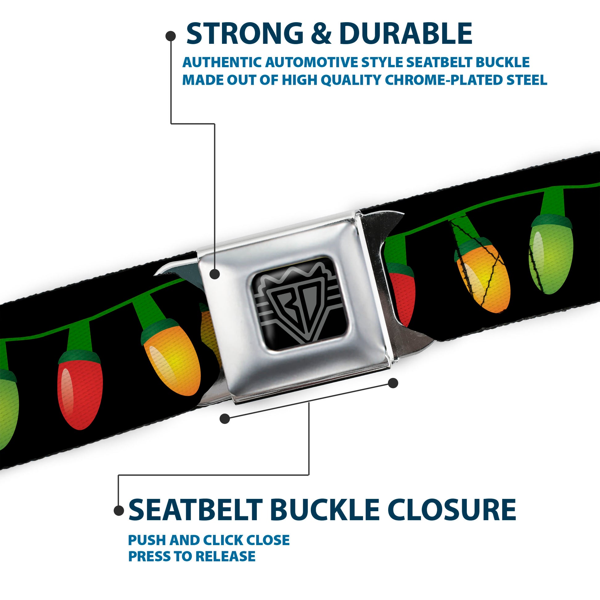BD Wings Logo CLOSE-UP Full Color Black Silver Seatbelt Belt - Christmas Lights Black/Multi Color Webbing Seatbelt Belts Buckle-Down