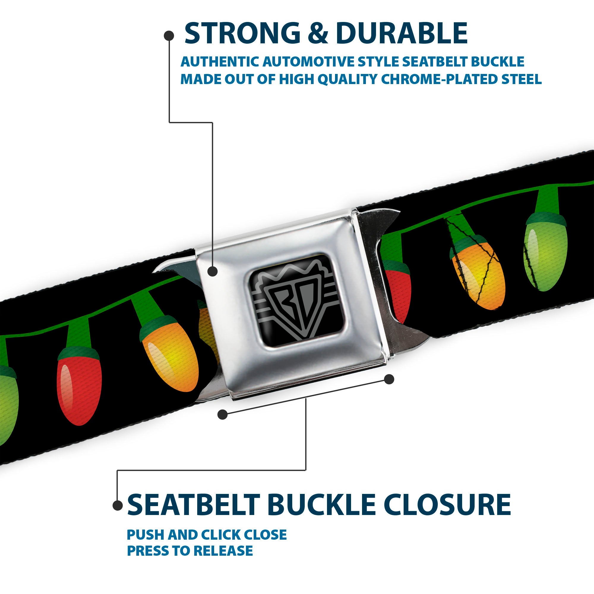 BD Wings Logo CLOSE-UP Full Color Black Silver Seatbelt Belt - Christmas Lights Black/Multi Color Webbing Seatbelt Belts Buckle-Down