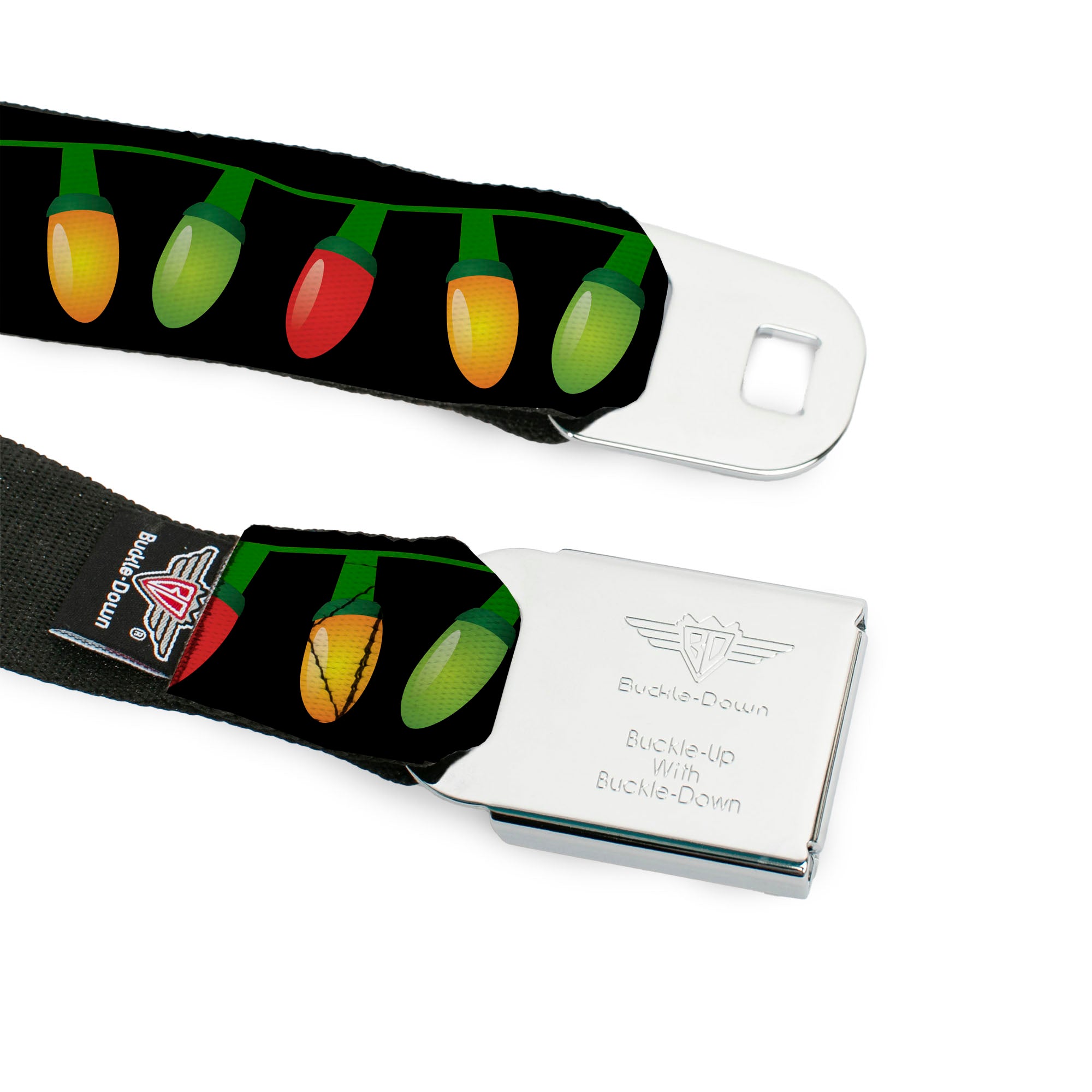 BD Wings Logo CLOSE-UP Full Color Black Silver Seatbelt Belt - Christmas Lights Black/Multi Color Webbing Seatbelt Belts Buckle-Down