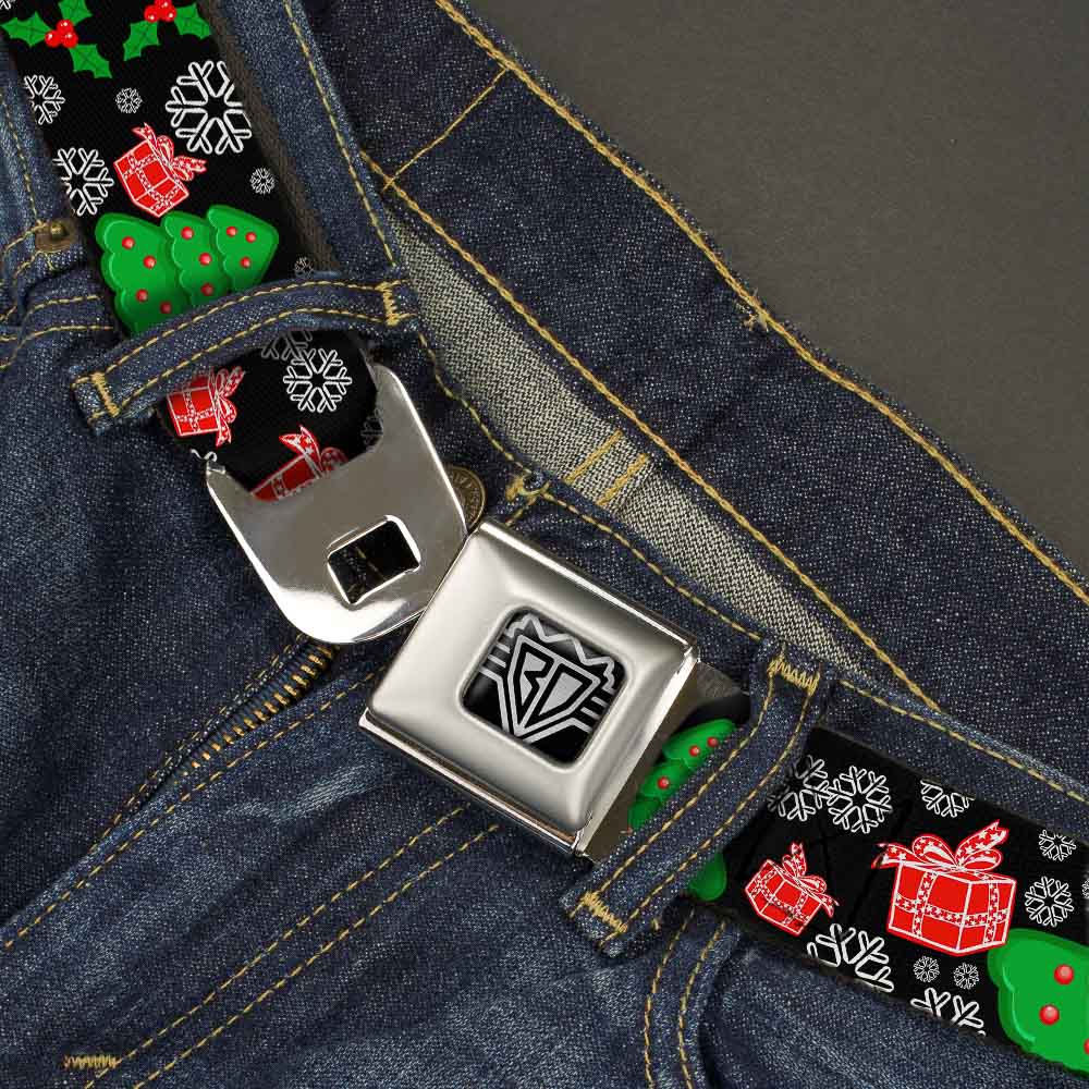 BD Wings Logo CLOSE-UP Full Color Black Silver Seatbelt Belt - Christmas Collage Black/White/Green/Red Webbing Seatbelt Belts Buckle-Down
