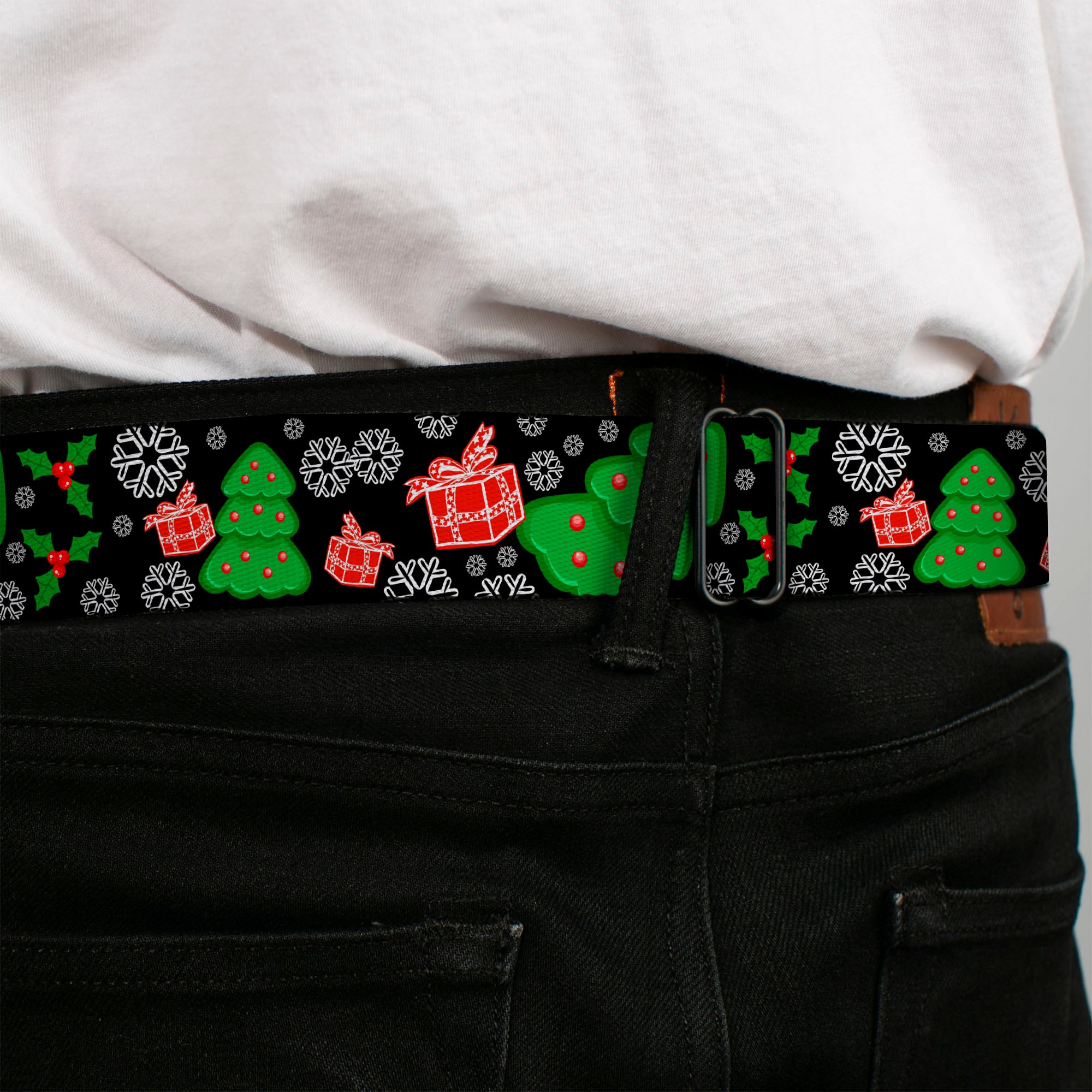 BD Wings Logo CLOSE-UP Full Color Black Silver Seatbelt Belt - Christmas Collage Black/White/Green/Red Webbing Seatbelt Belts Buckle-Down