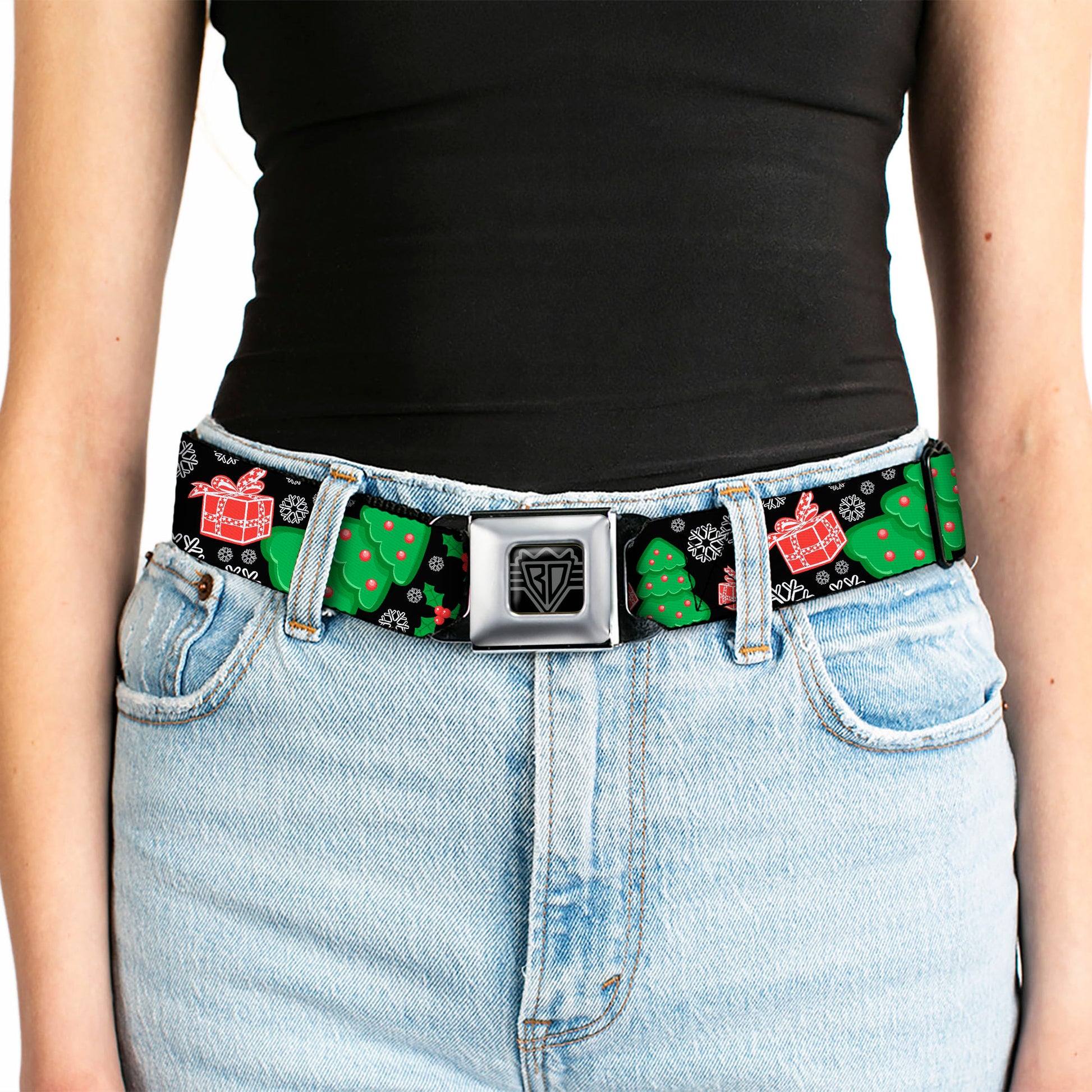 BD Wings Logo CLOSE-UP Full Color Black Silver Seatbelt Belt - Christmas Collage Black/White/Green/Red Webbing Seatbelt Belts Buckle-Down