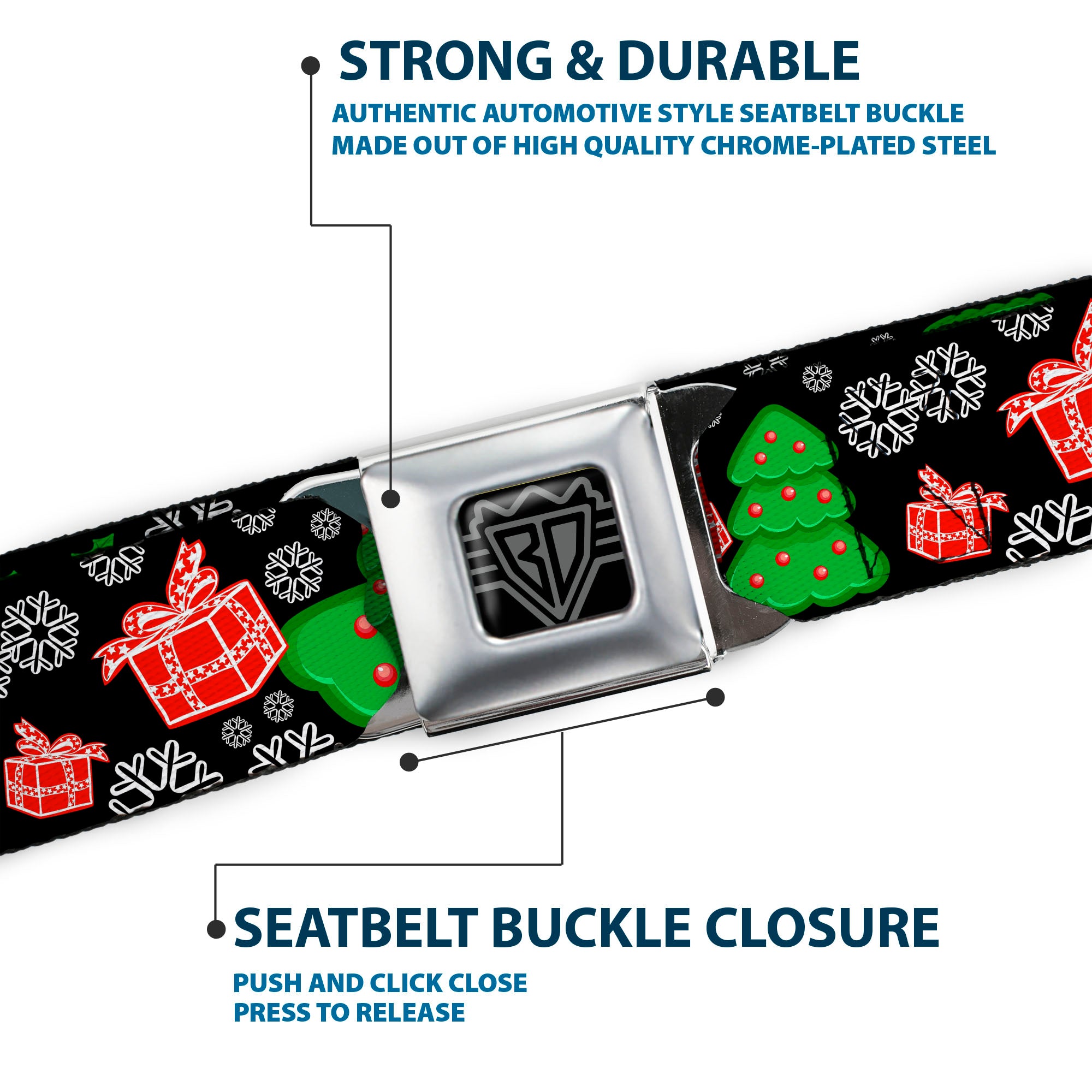 BD Wings Logo CLOSE-UP Full Color Black Silver Seatbelt Belt - Christmas Collage Black/White/Green/Red Webbing Seatbelt Belts Buckle-Down
