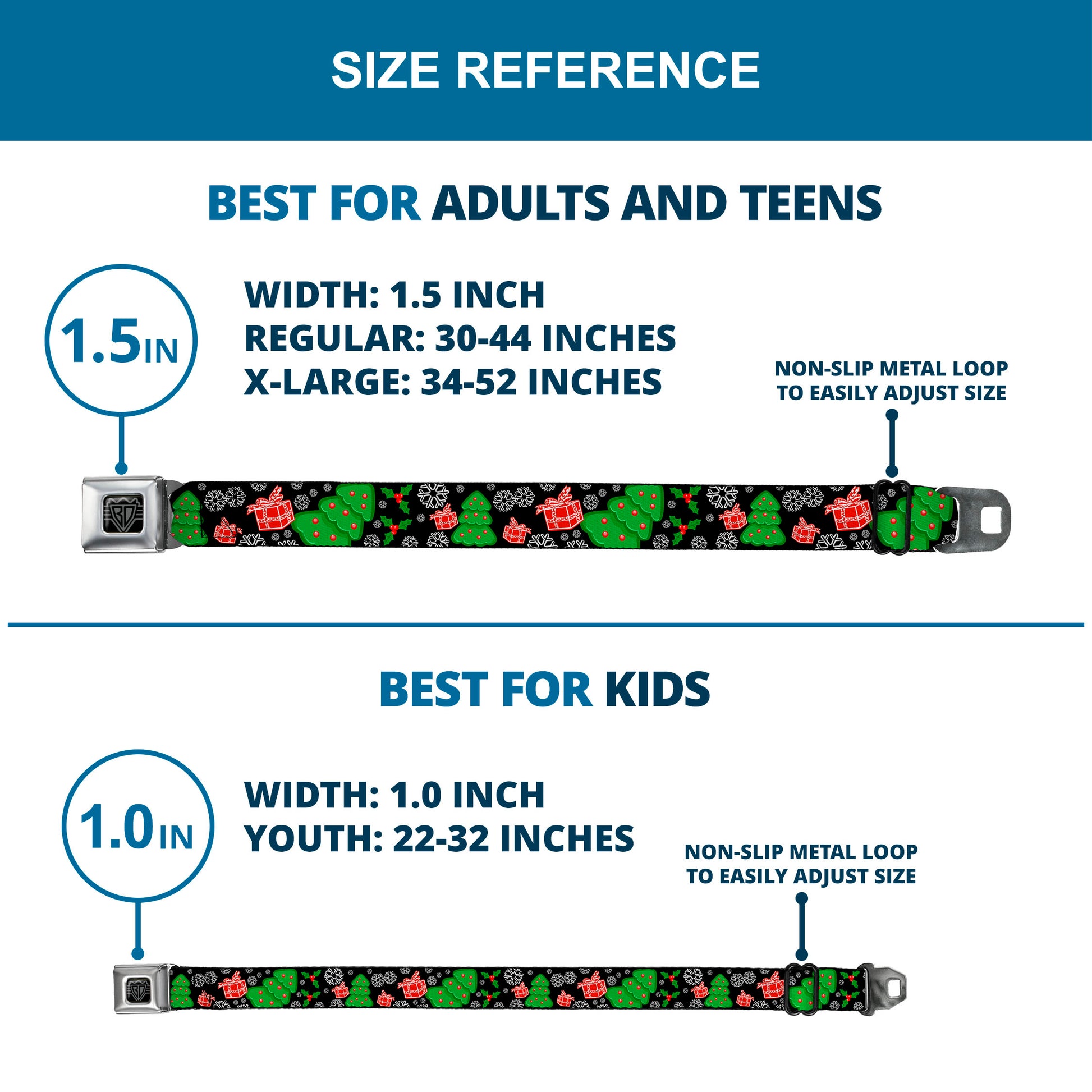 BD Wings Logo CLOSE-UP Full Color Black Silver Seatbelt Belt - Christmas Collage Black/White/Green/Red Webbing Seatbelt Belts Buckle-Down