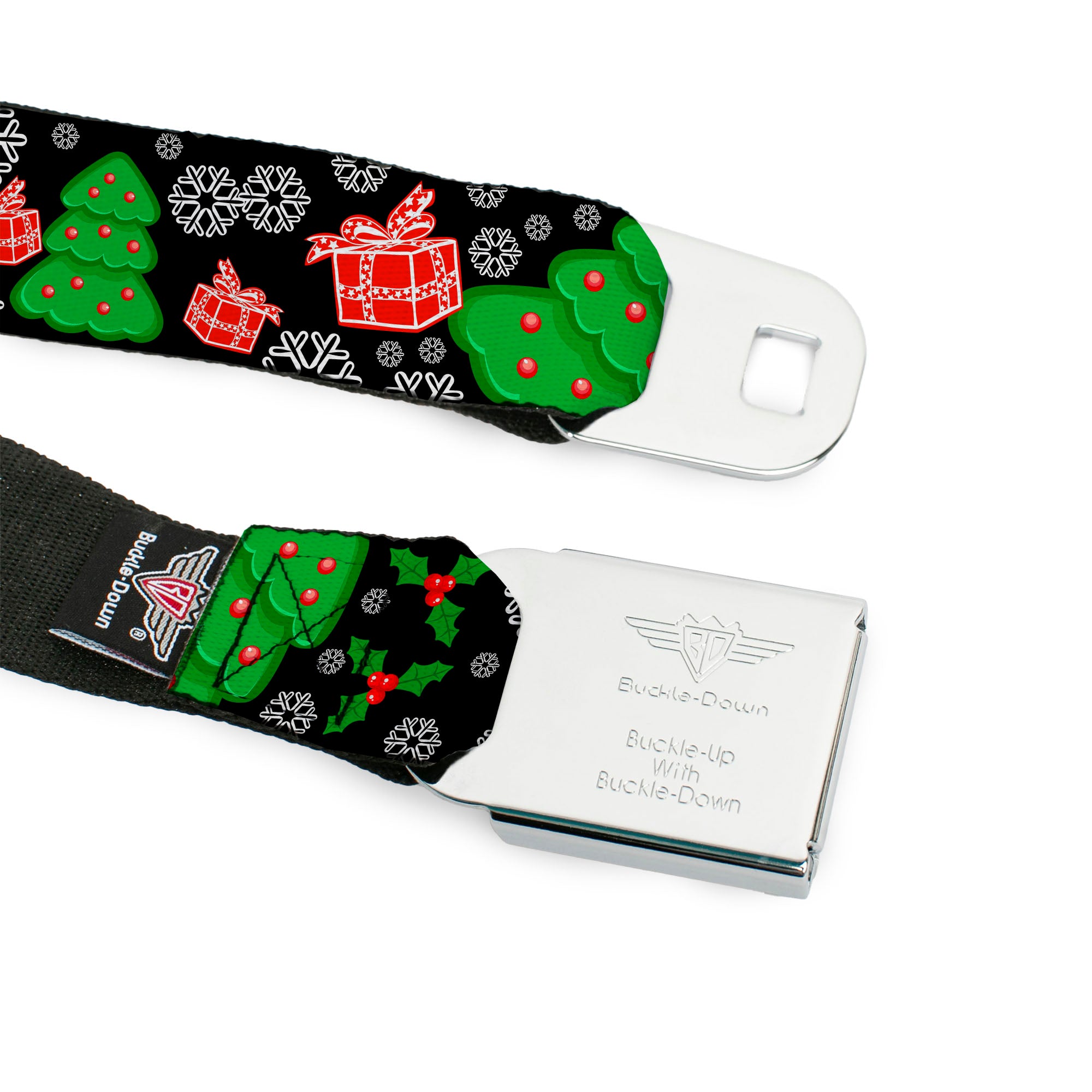 BD Wings Logo CLOSE-UP Full Color Black Silver Seatbelt Belt - Christmas Collage Black/White/Green/Red Webbing Seatbelt Belts Buckle-Down