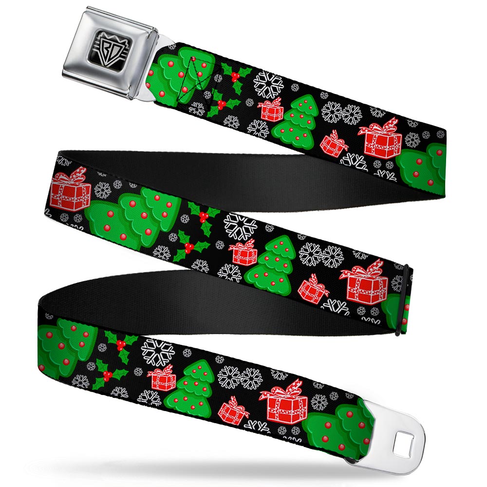 BD Wings Logo CLOSE-UP Full Color Black Silver Seatbelt Belt - Christmas Collage Black/White/Green/Red Webbing Seatbelt Belts Buckle-Down