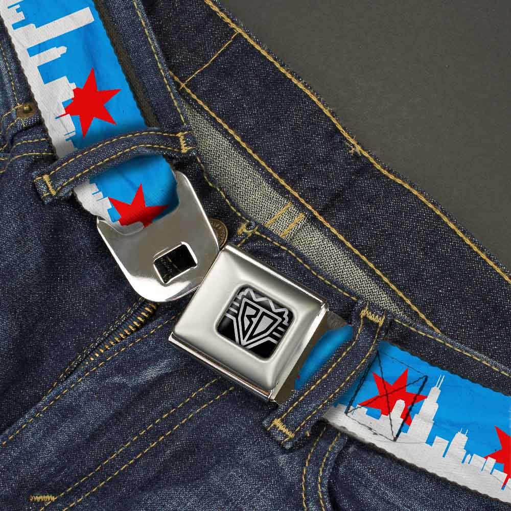 BD Wings Logo CLOSE-UP Full Color Black Silver Seatbelt Belt - Chicago Skyline/Flag Distressed Black/White/Red Webbing Seatbelt Belts Buckle-Down