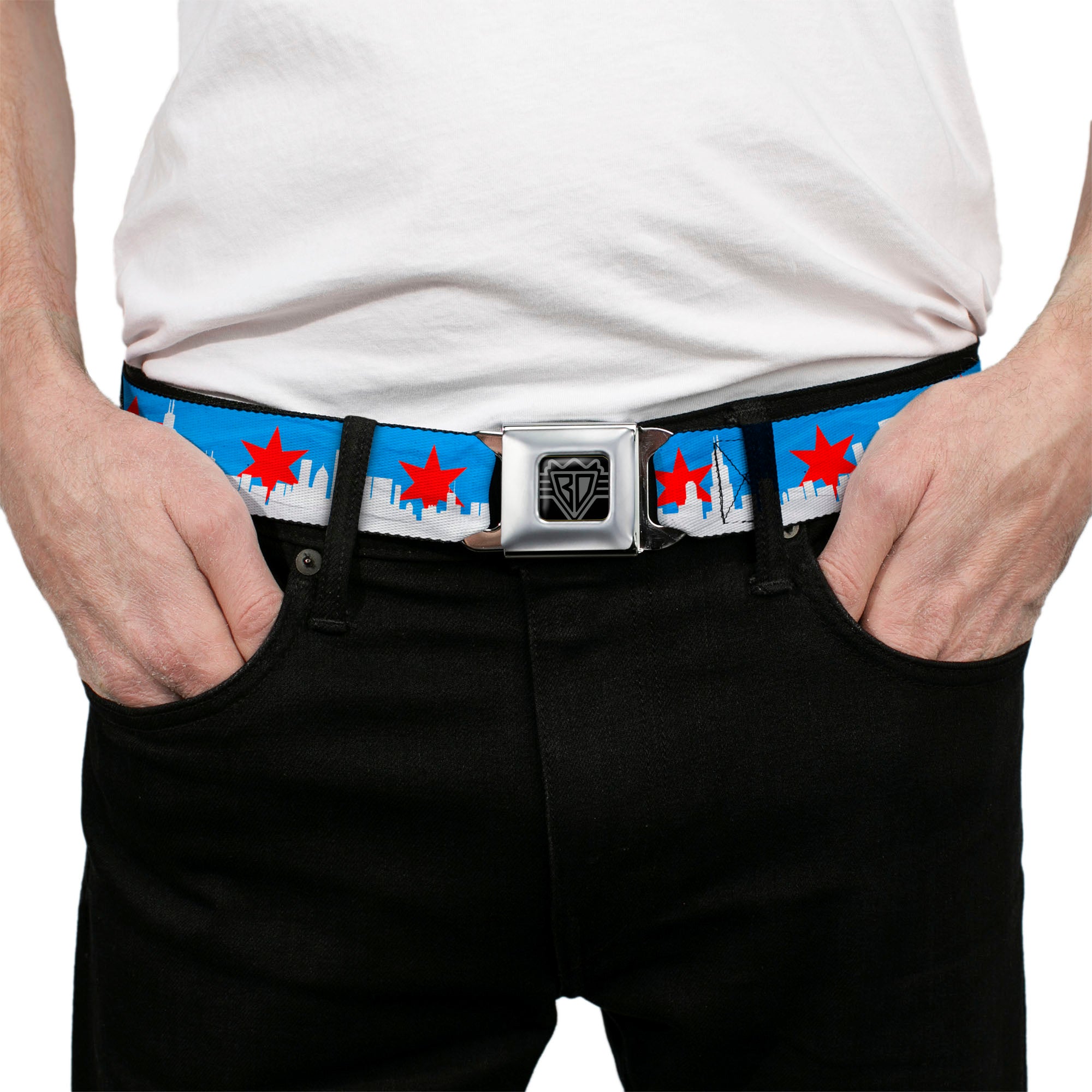 BD Wings Logo CLOSE-UP Full Color Black Silver Seatbelt Belt - Chicago Skyline/Flag Distressed Black/White/Red Webbing Seatbelt Belts Buckle-Down