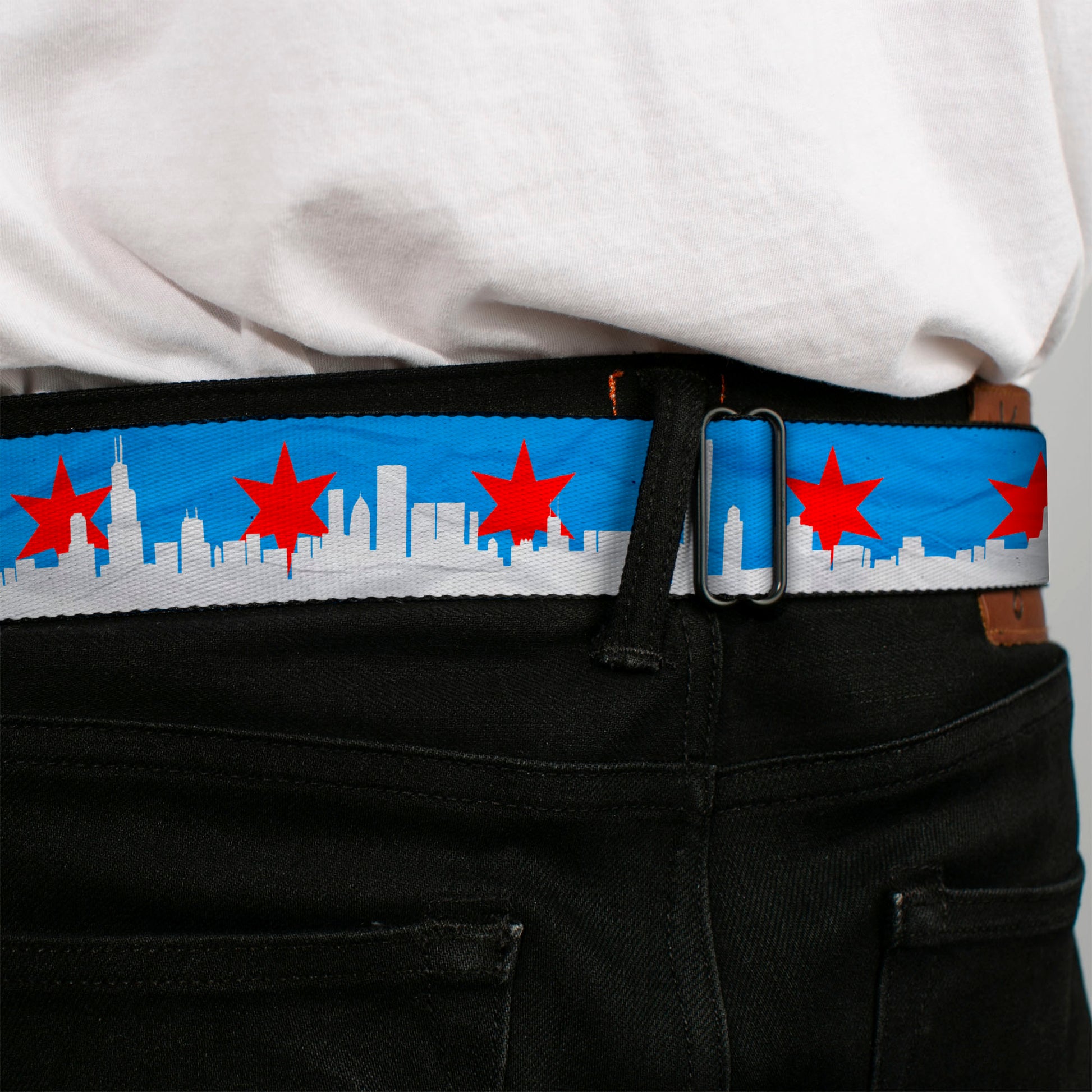 BD Wings Logo CLOSE-UP Full Color Black Silver Seatbelt Belt - Chicago Skyline/Flag Distressed Black/White/Red Webbing Seatbelt Belts Buckle-Down