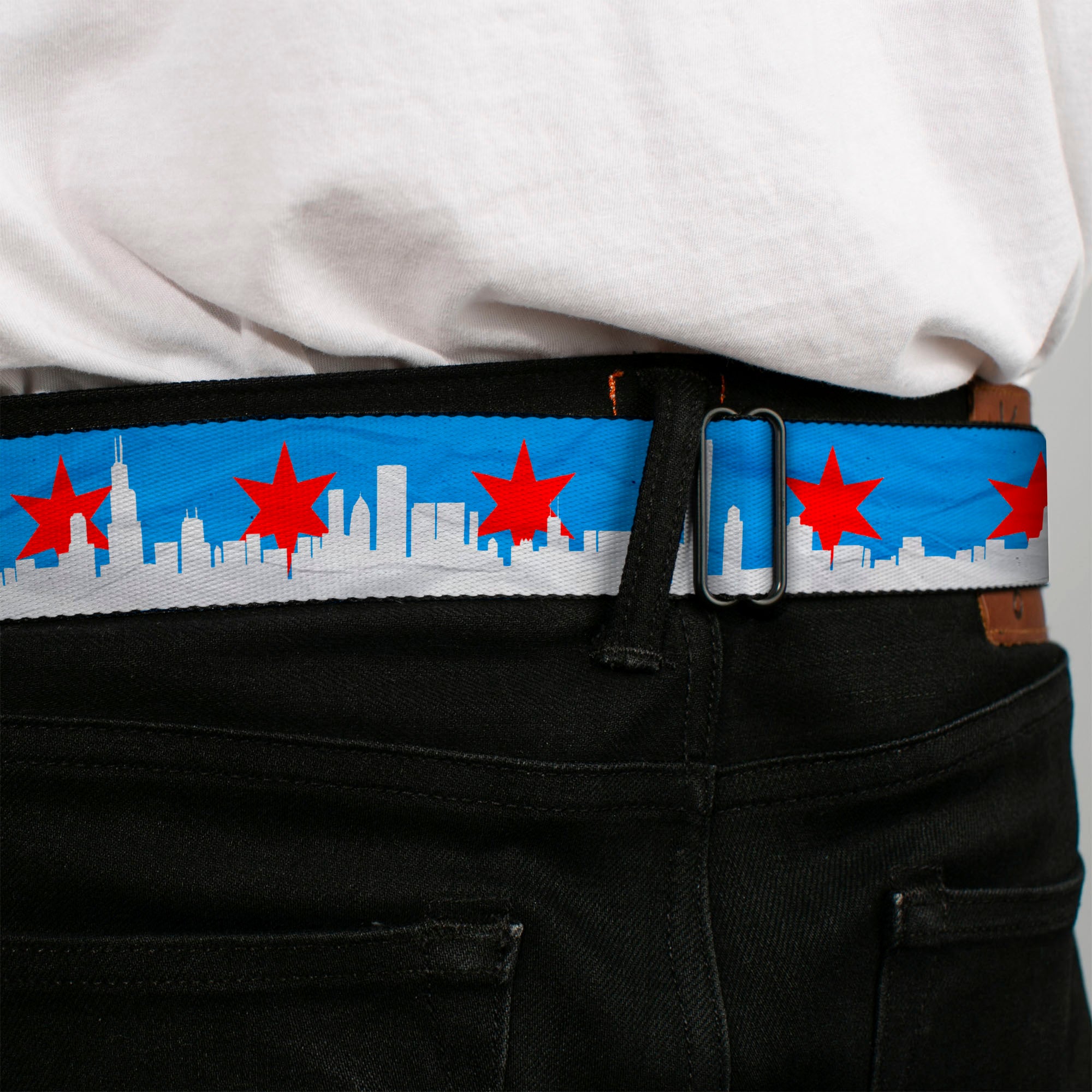 BD Wings Logo CLOSE-UP Full Color Black Silver Seatbelt Belt - Chicago Skyline/Flag Distressed Black/White/Red Webbing Seatbelt Belts Buckle-Down